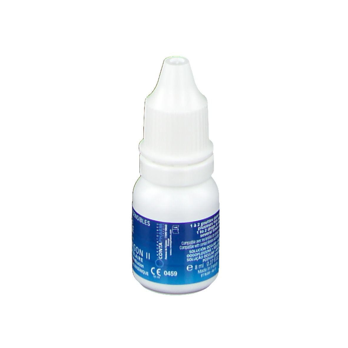 Flacon blanc de gouttes ophtalmiques. Inscription: EYE CARE, REGARD LAGON II, SOLUTION OCULAIRE. Marquage CE.