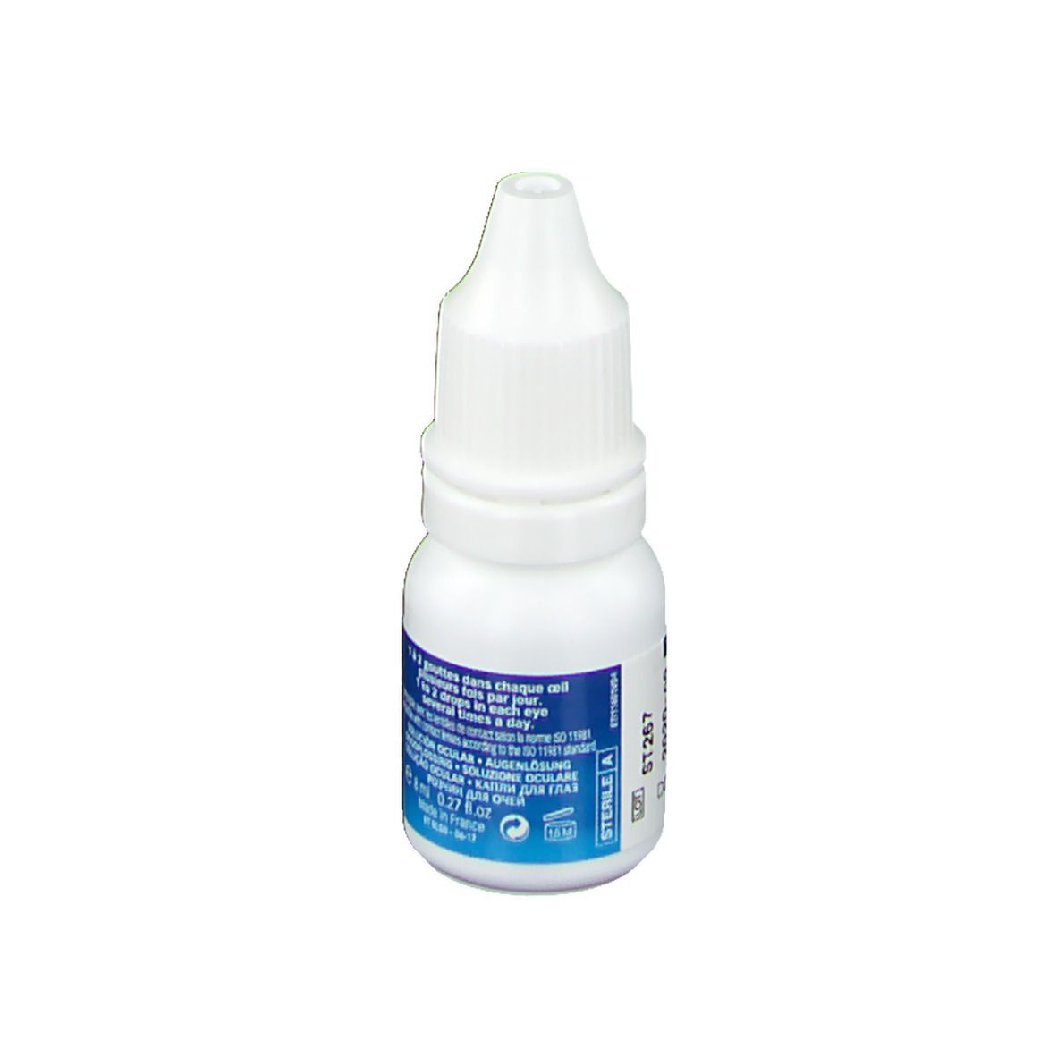 Flacon blanc de gouttes ophtalmiques. Inscription: EYE CARE, REGARD LAGON II, SOLUTION OCULAIRE. Stérile.