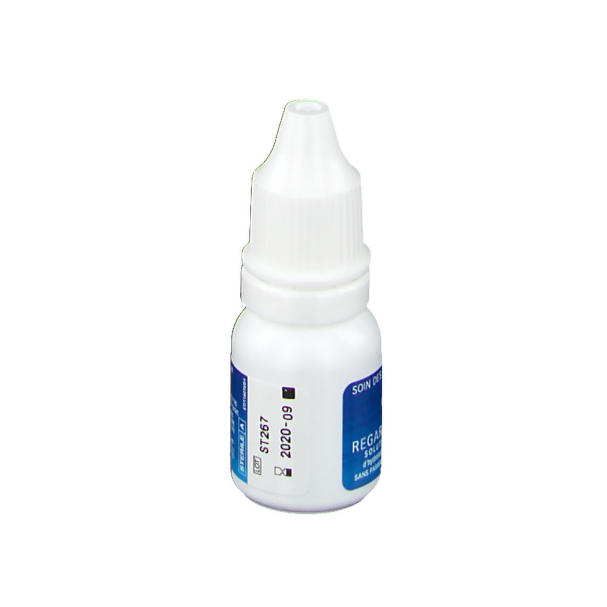 Flacon blanc de gouttes ophtalmiques. Inscription: EYE CARE, REGARD LAGON II, SOLUTION OCULAIRE. Date de péremption 2020-09.