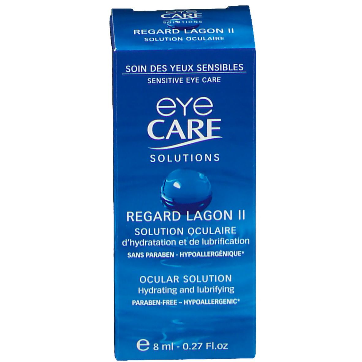 Boîte bleue. Inscription: EYE CARE, REGARD LAGON II, SOLUTION OCULAIRE. 8 ml.