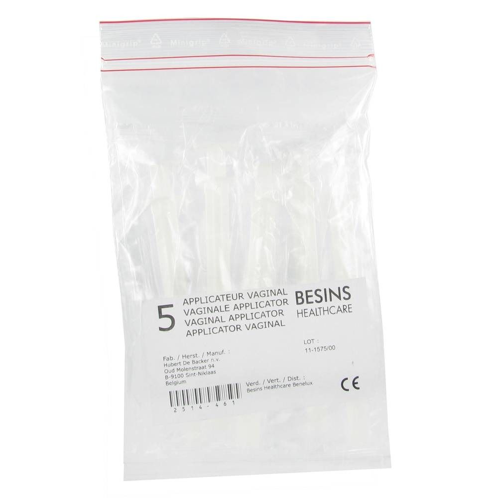 Sachet plastique transparent contenant 5 applicateurs vaginaux. Fermeture rouge. Inscriptions : nom du produit, logo CE.