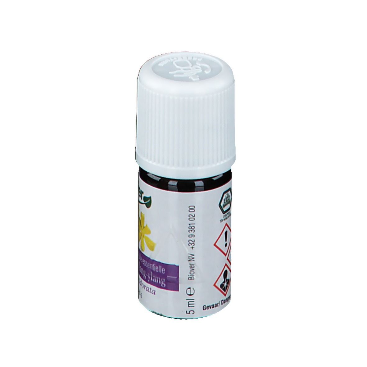 Petite bouteille en verre brun avec bouchon blanc. Étiquette avec fleur jaune et texte. Logo Biover. 5 ml.