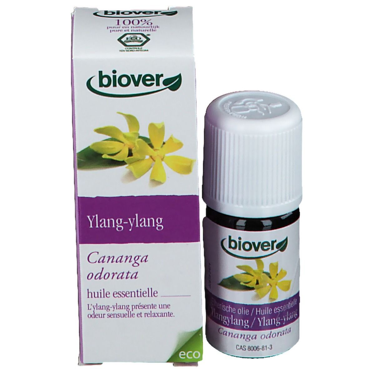 Bouteille en verre brun avec bouchon blanc et emballage en carton. Étiquette avec fleur jaune et texte. Logo Biover.