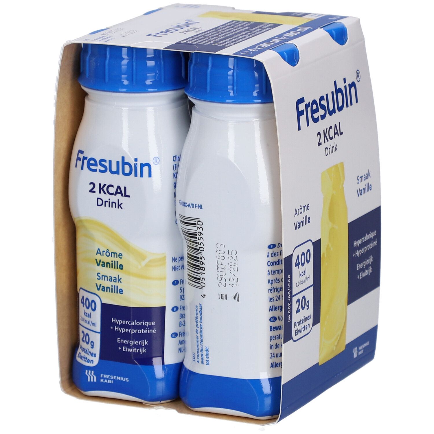 Emballage de deux bouteilles Fresubin® 2 kcal Drink Vanille. Inscriptions : 400 kcal, 20g protéines. Bouteilles à bouchons bleus.