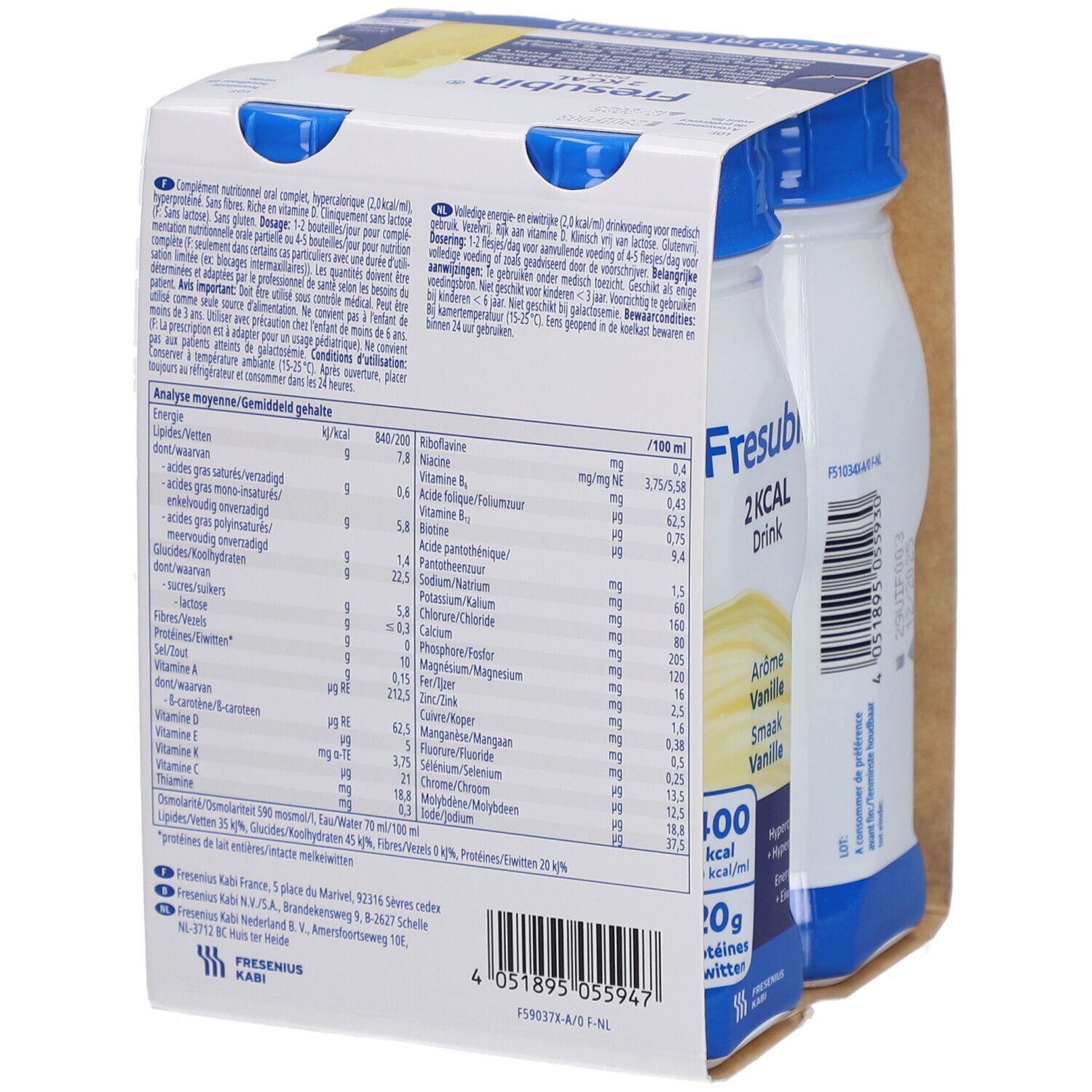 Dos de l'emballage de deux bouteilles Fresubin® 2 kcal Drink Vanille. Informations nutritionnelles et ingrédients.