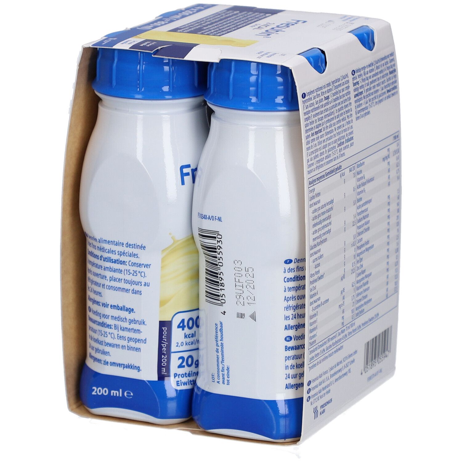 Emballage de deux bouteilles Fresubin® 2 kcal Drink Vanille. Dos avec informations nutritionnelles. Bouchons bleus.