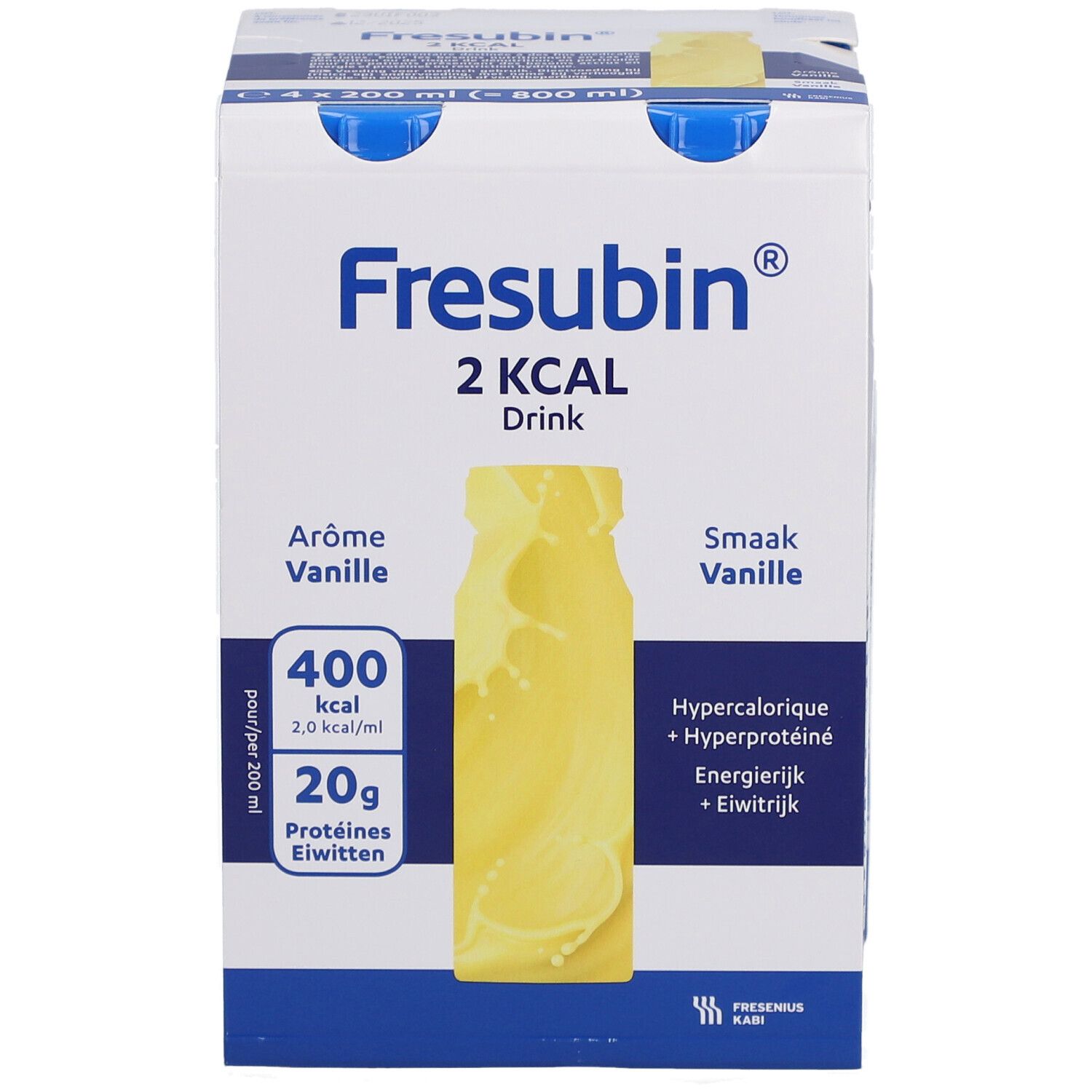 Emballage de quatre bouteilles Fresubin® 2 kcal Drink Vanille. Inscriptions : 400 kcal, 20g protéines. Bouchons bleus.