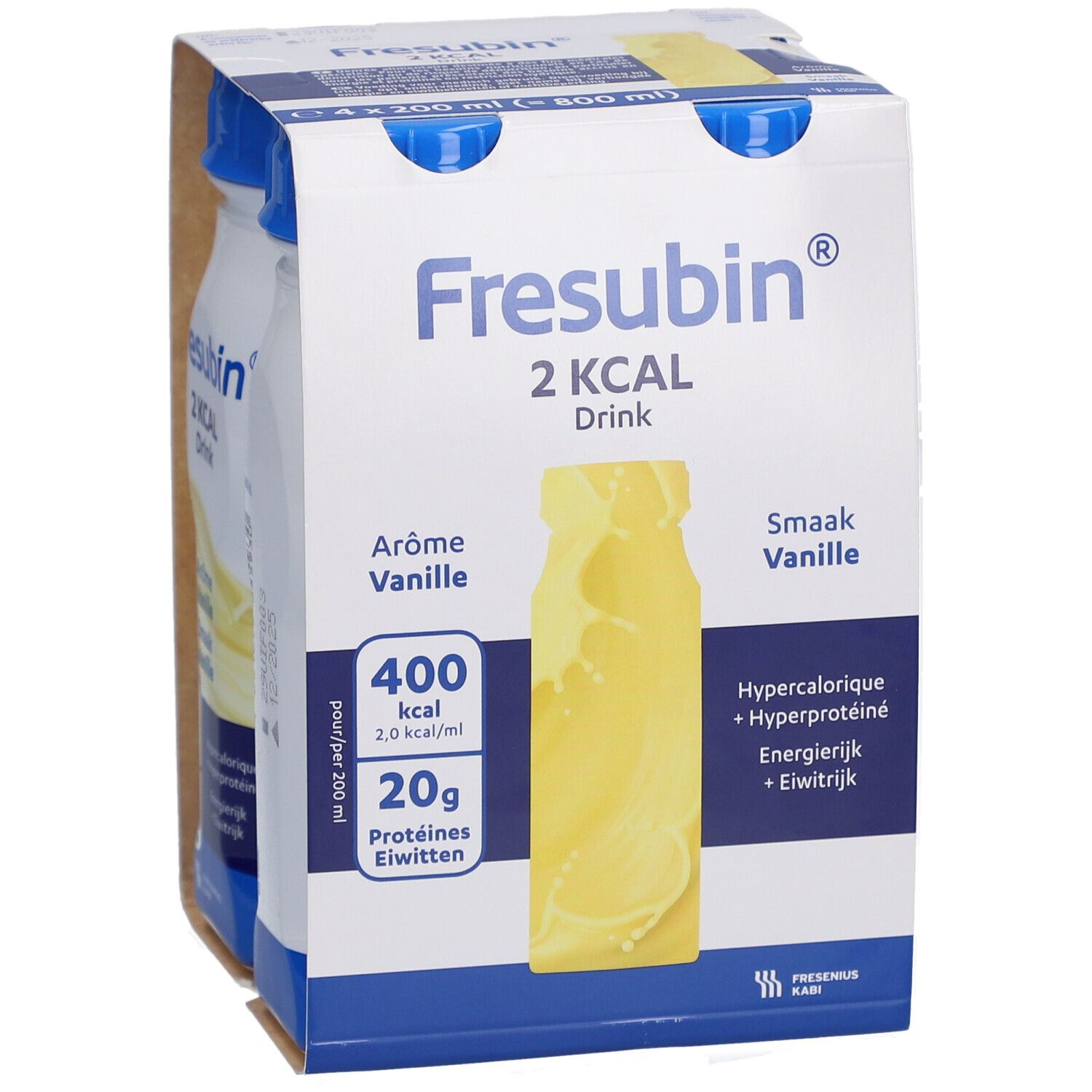 Emballage de deux bouteilles Fresubin® 2 kcal Drink Vanille. Inscriptions : 400 kcal, 20g protéines. Bouchons bleus.