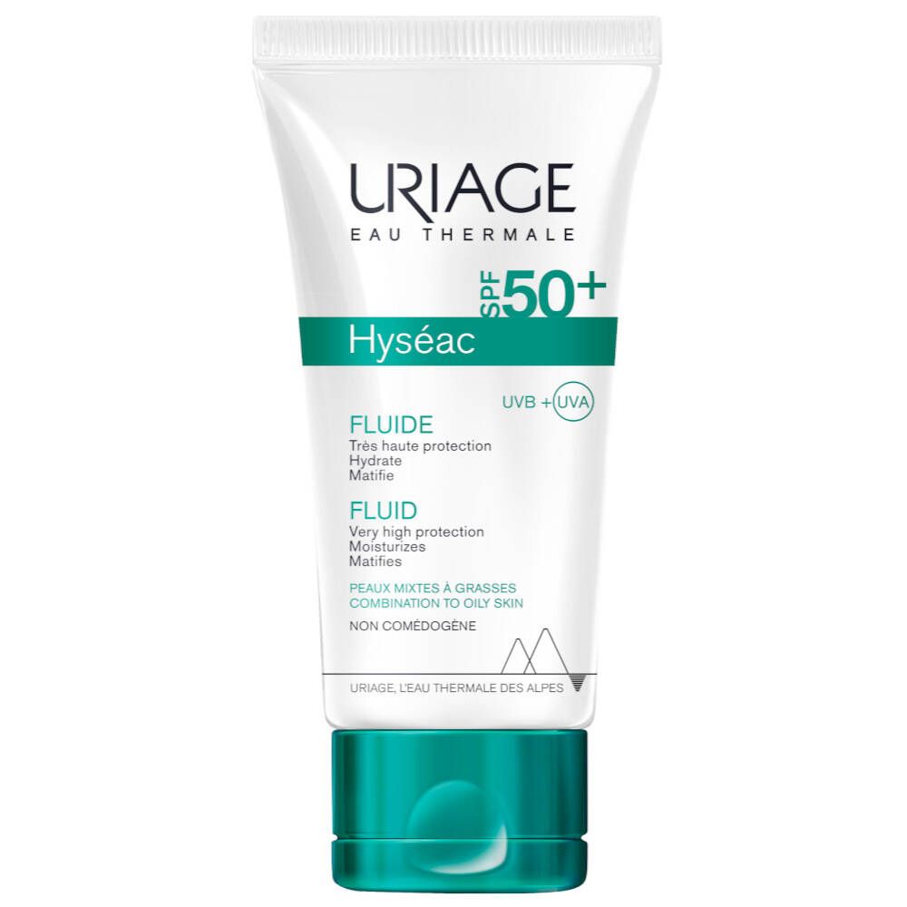Tube blanc avec bouchon vert. Inscription: Uriage, Hyséac, SPF 50+. Texte: Fluide, très haute protection, Hydrate, Matifie. Pour peaux mixtes à grasses.
