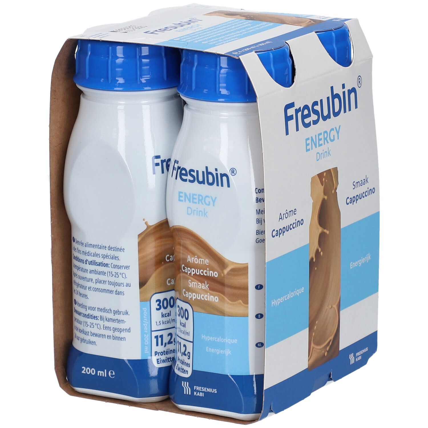 Verpakking met vier flessen Fresubin Energy Drink Cappuccino. Blauwe doppen, wit etiket met productinformatie.