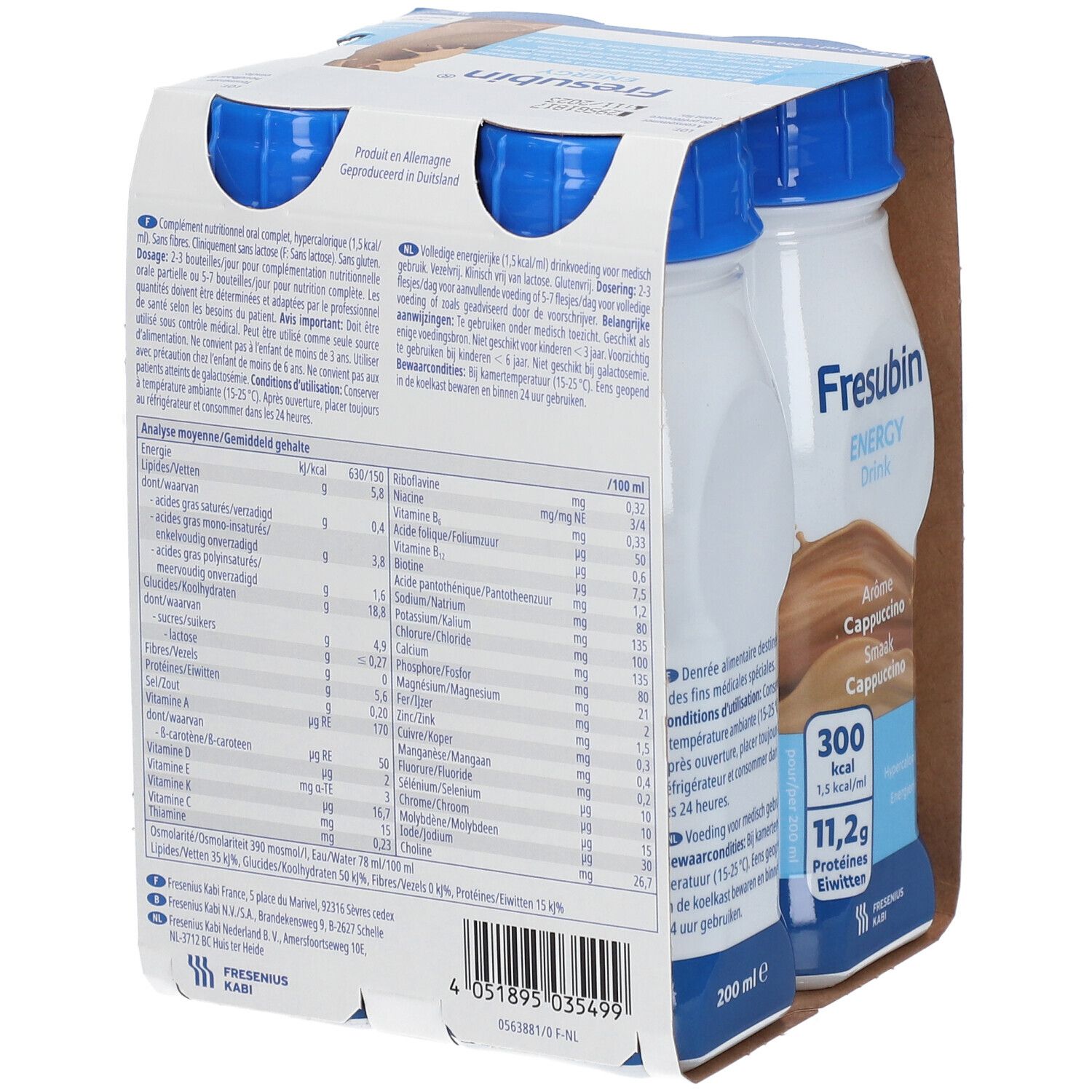 Verpakking met vier flessen Fresubin Energy Drink Cappuccino. Achterkant met voedingswaarde en productinformatie.