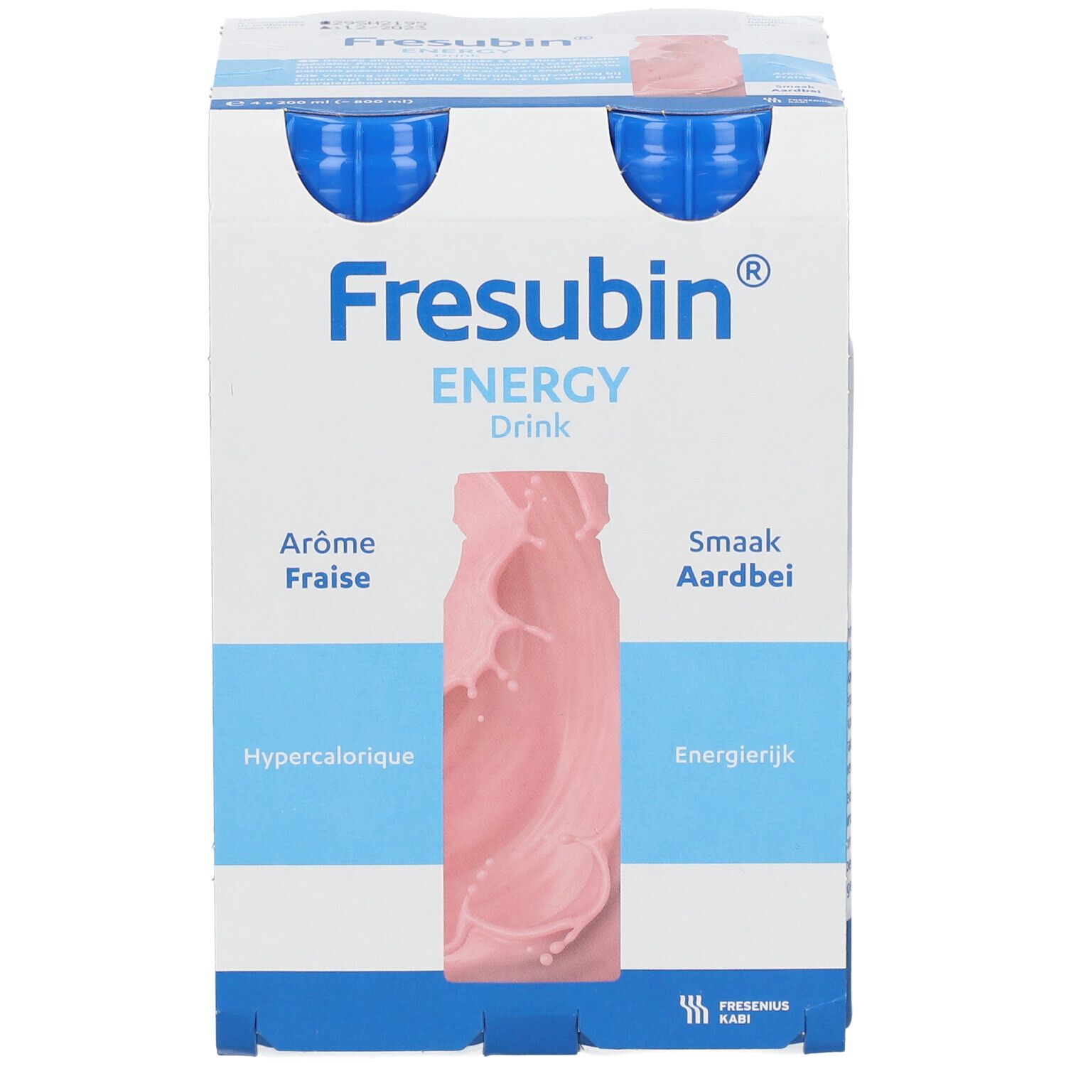 Face avant de l'emballage de quatre bouteilles de Fresubin Energy Drink Fraise. Nom du produit, saveur et logo.