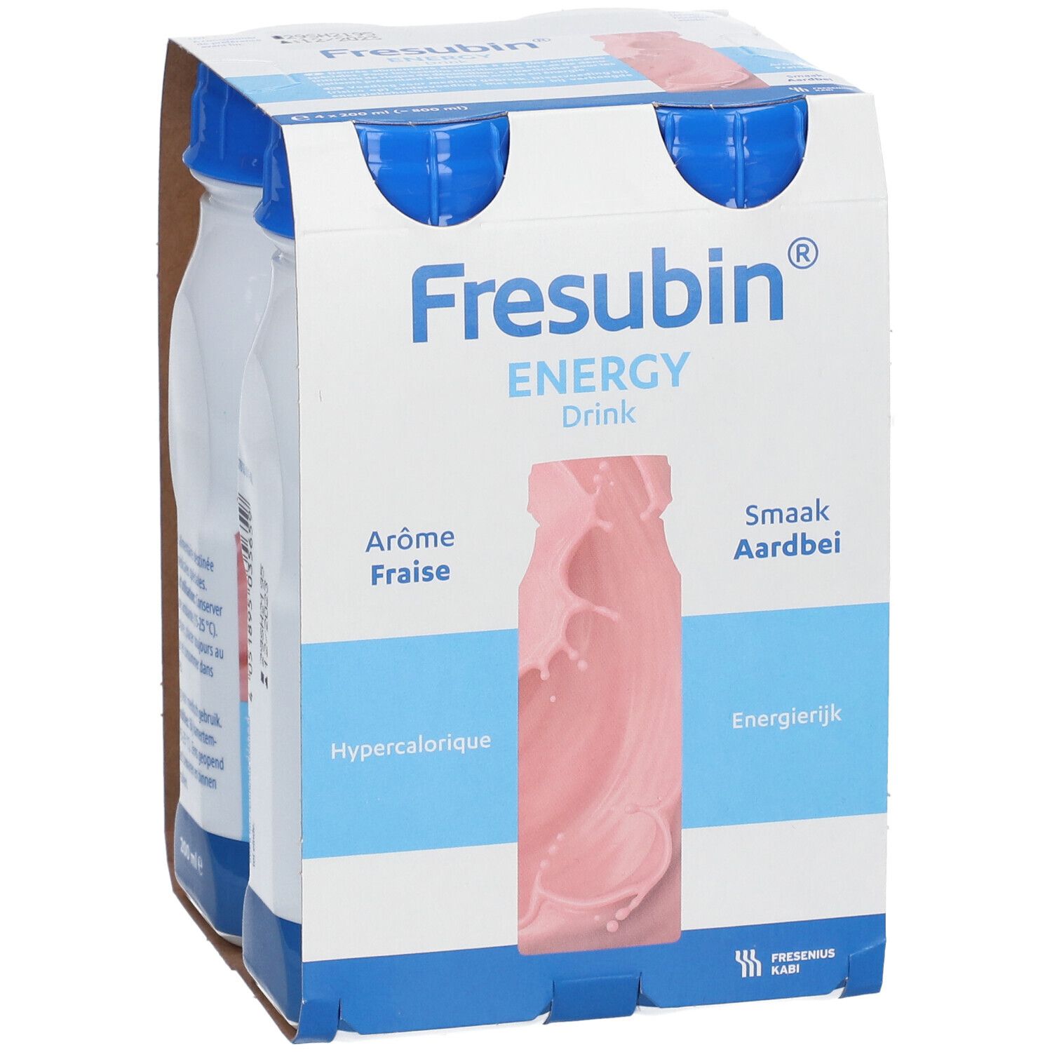 Face avant de l'emballage de quatre bouteilles de Fresubin Energy Drink Fraise. Nom du produit, saveur et logo.