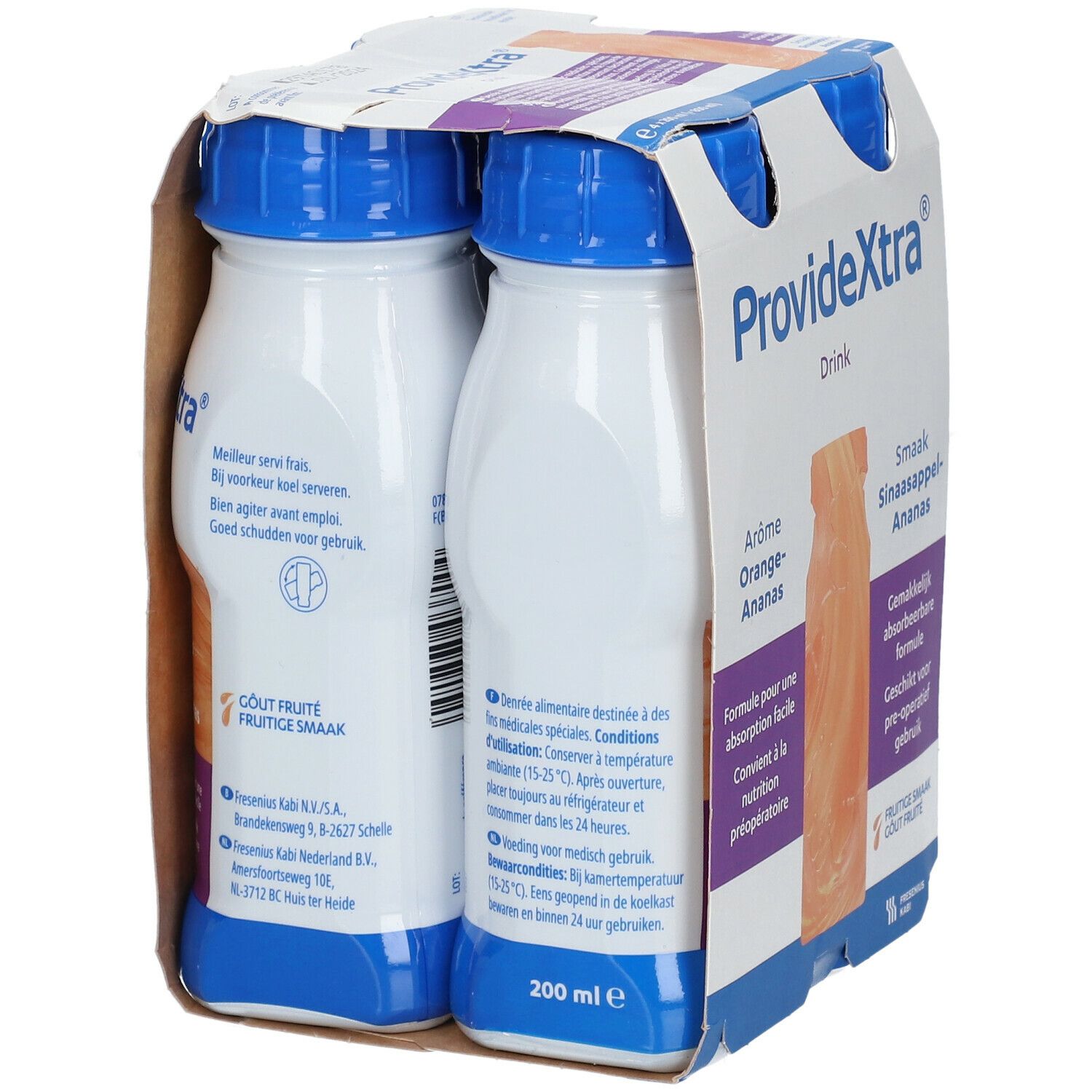 Verpakking van vier flessen ProvideXtra Drink. Opschrift: Sinaasappel-Ananas, gemakkelijk absorbeerbare formule, voor preoperatief gebruik.