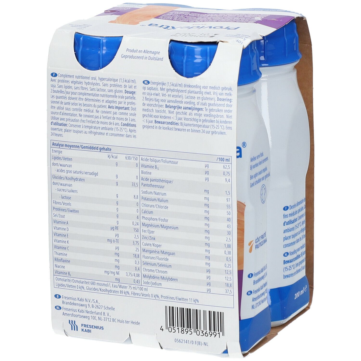 Verpakking van vier flessen ProvideXtra Drink. Achterkant met voedingswaarde en ingrediënten. 200 ml per fles.
