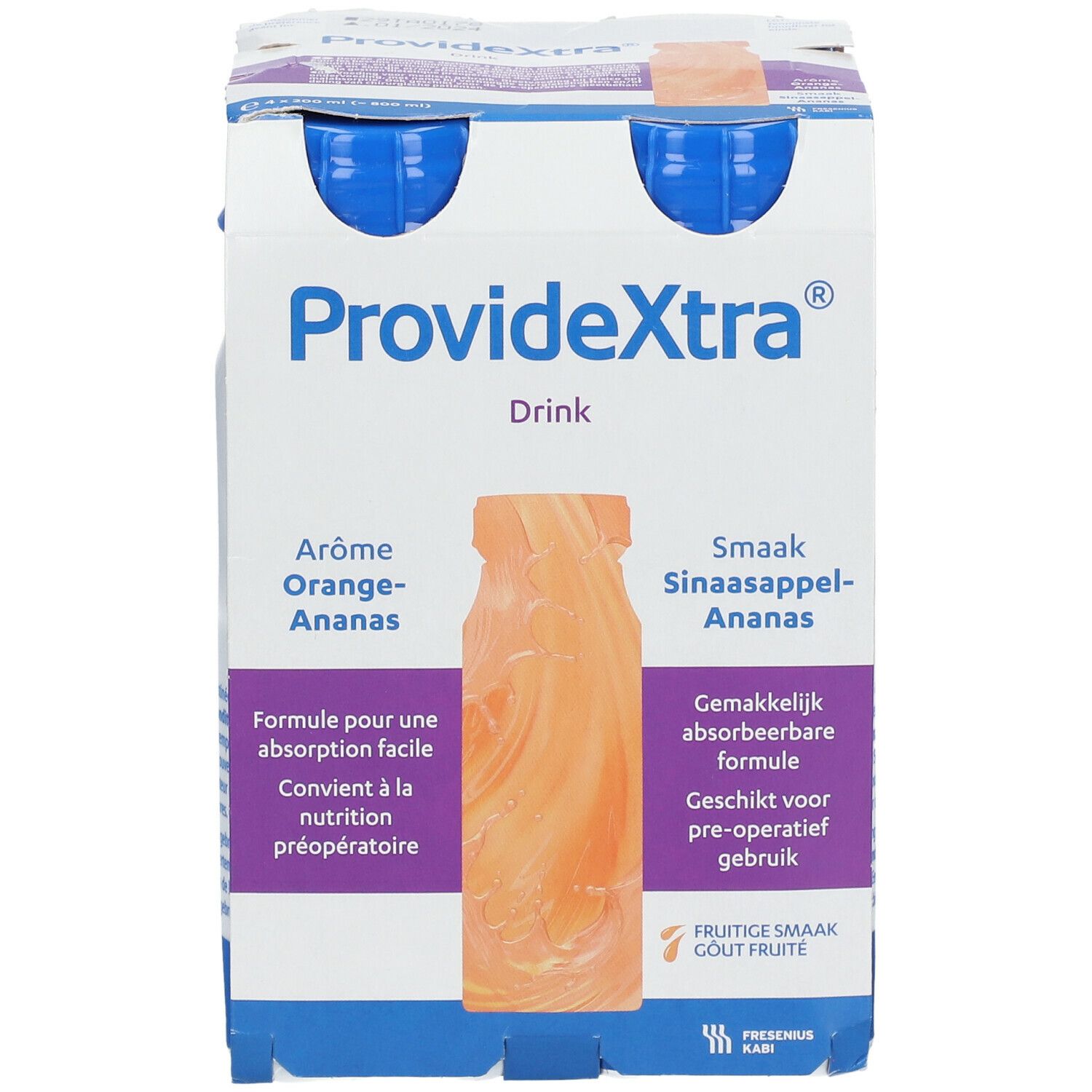 Enkele verpakking ProvideXtra Drink. Opschrift: Sinaasappel-Ananas, gemakkelijk absorbeerbare formule, voor preoperatief gebruik.