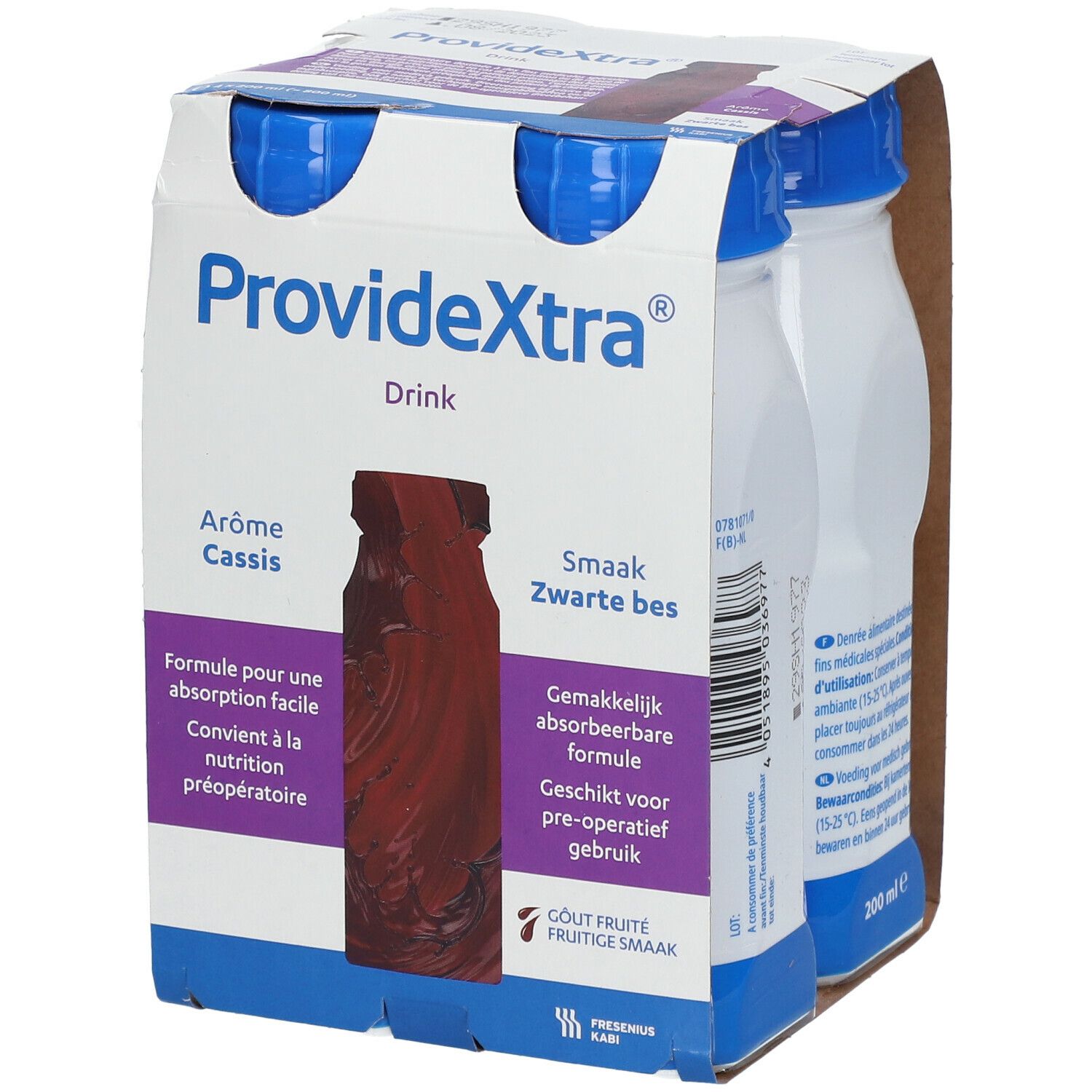 Verpakking van 4 flessen ProvideXtra Drink, smaak Cassis. Flessen met blauwe dop, in kartonnen verpakking.