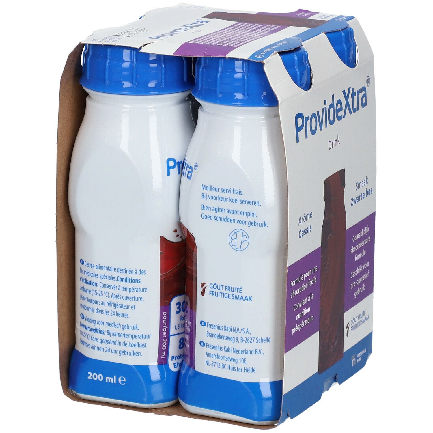 Verpakking van 4 flessen ProvideXtra Drink, smaak Cassis. Flessen met blauwe dop, in kartonnen verpakking.
