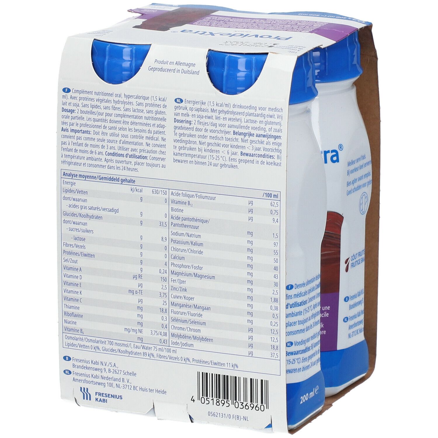 Achterkant van de verpakking met voedingswaarde en ingrediënten. Flessen ProvideXtra Drink in kartonnen verpakking.