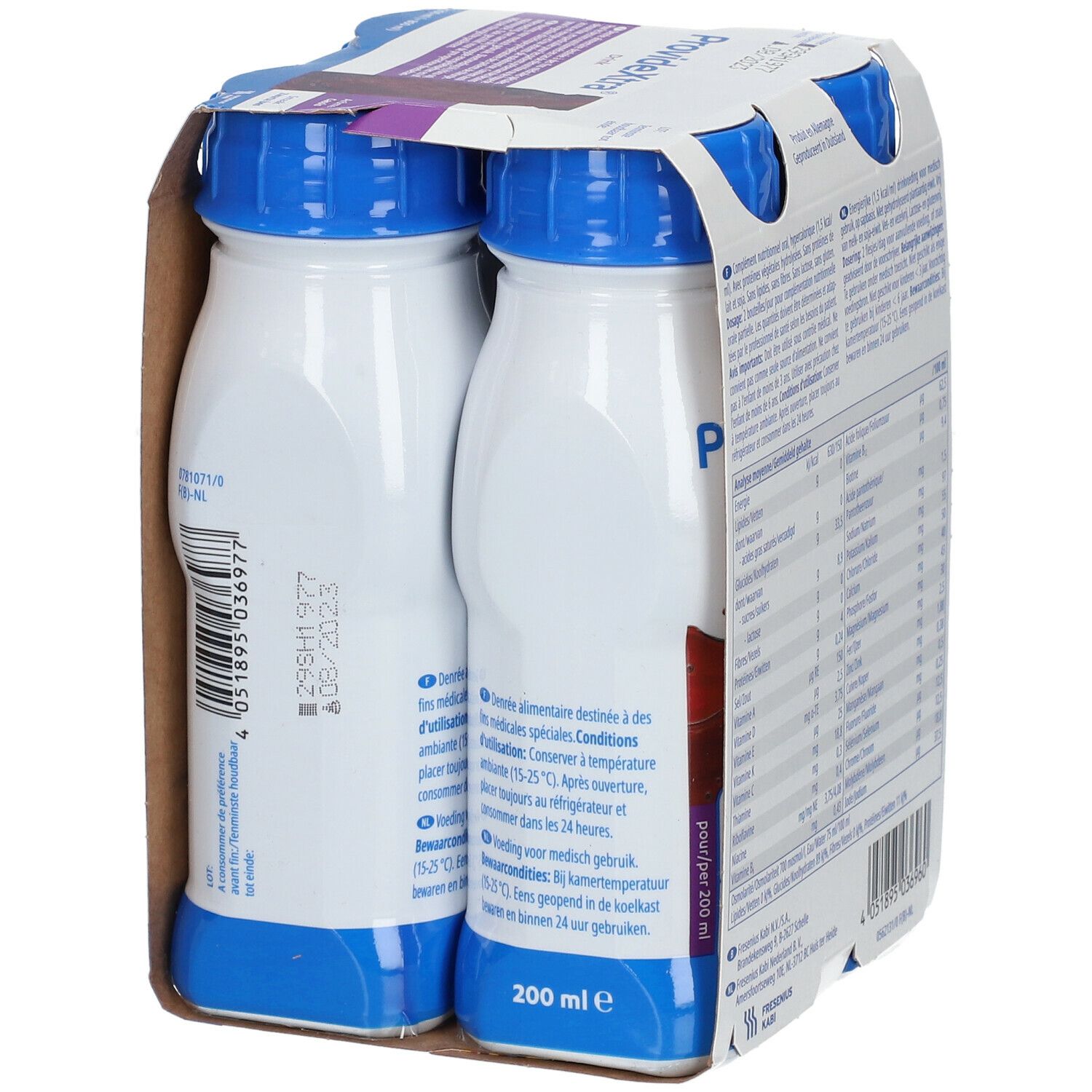 Verpakking van 4 flessen ProvideXtra Drink, smaak Cassis. Flessen met blauwe dop, in kartonnen verpakking.