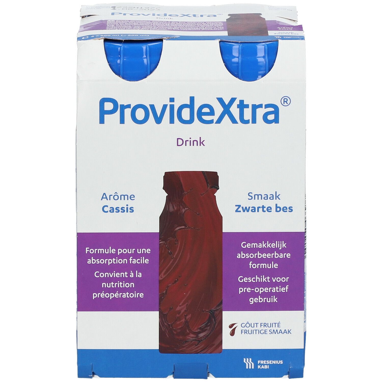 Verpakking van 4 flessen ProvideXtra Drink, smaak Cassis. Flessen met blauwe dop, in kartonnen verpakking.