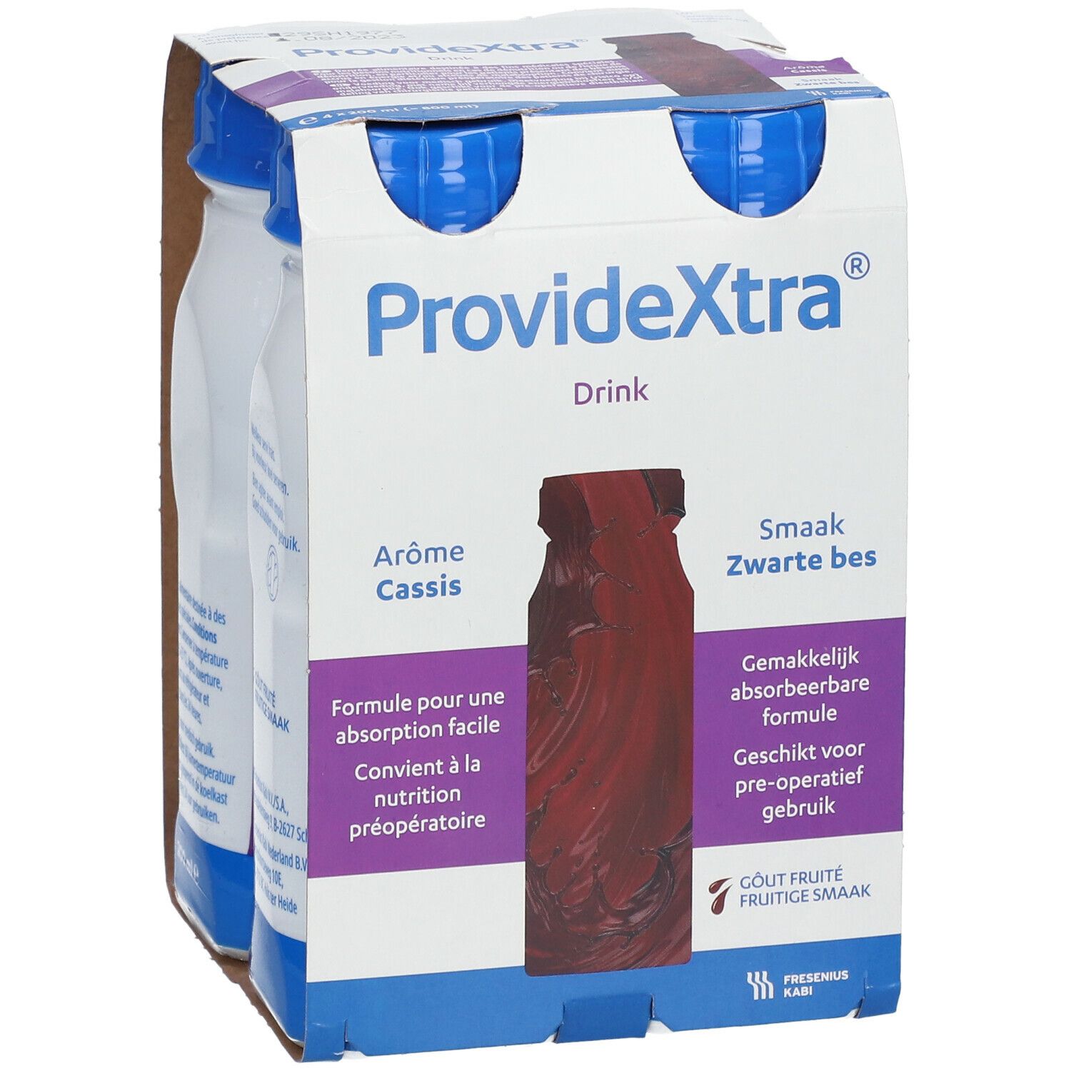 Verpakking van 4 flessen ProvideXtra Drink, smaak Cassis. Flessen met blauwe dop, in kartonnen verpakking.