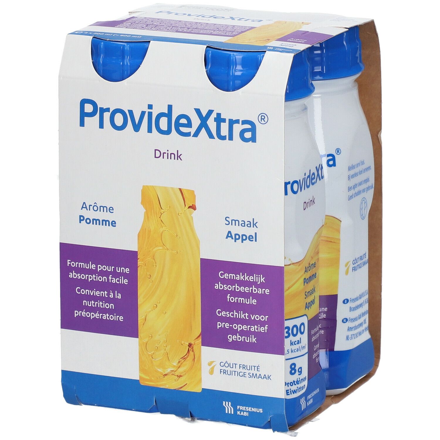 Emballage de quatre bouteilles ProvideXtra Drink. Inscription : Arôme Pomme, Smaak Appel. Formule pour une absorption facile. Convient à la nutrition préopératoire.