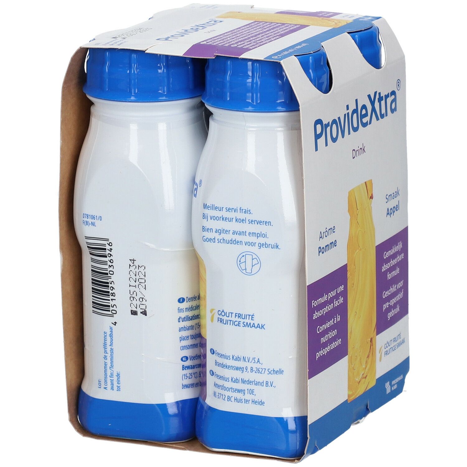 Emballage de quatre bouteilles ProvideXtra Drink. Inscription : Arôme Pomme, Smaak Appel. Formule pour une absorption facile. Convient à la nutrition préopératoire.