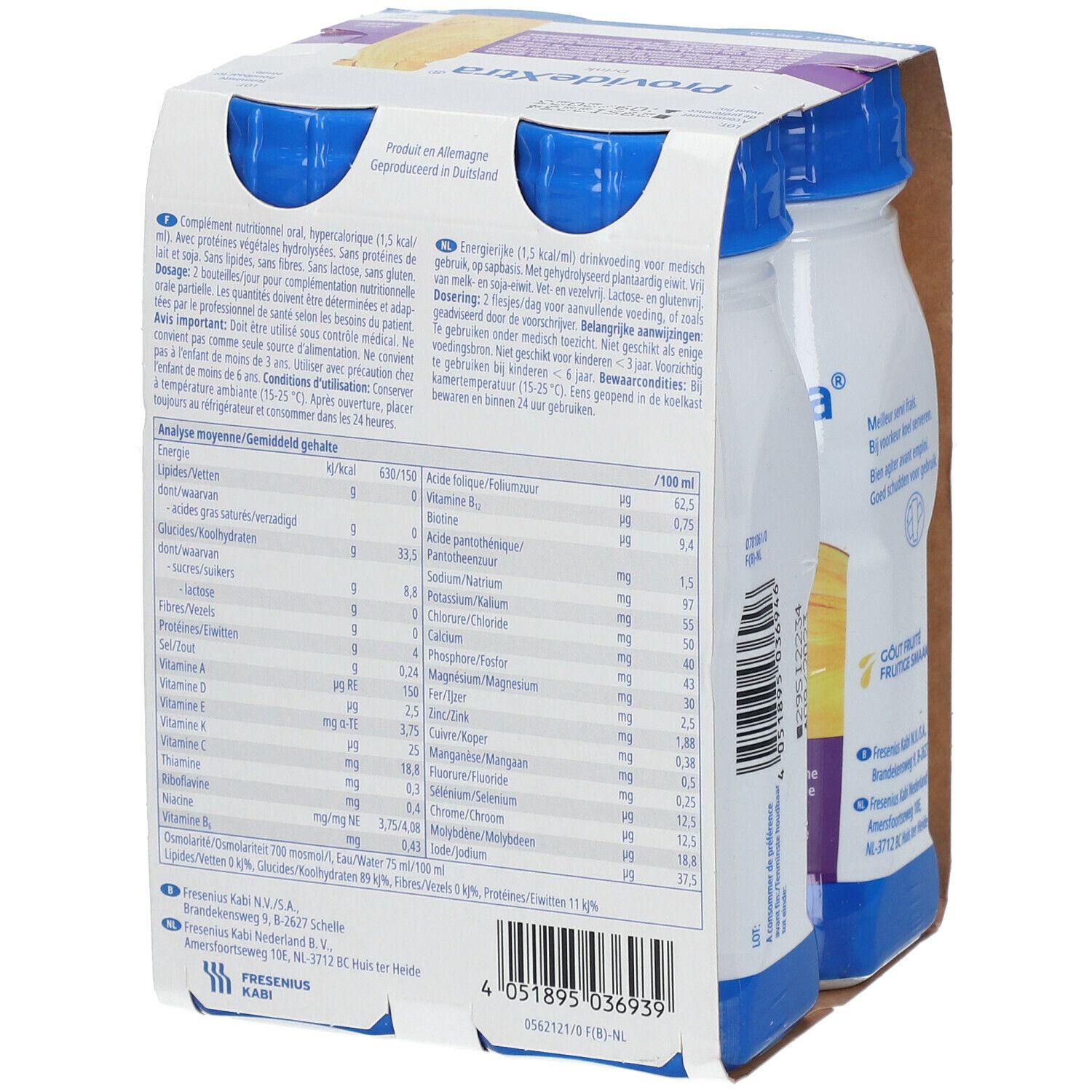 Dos de l'emballage de quatre bouteilles ProvideXtra Drink. Contient des informations nutritionnelles. Fabricant : Fresenius Kabi.