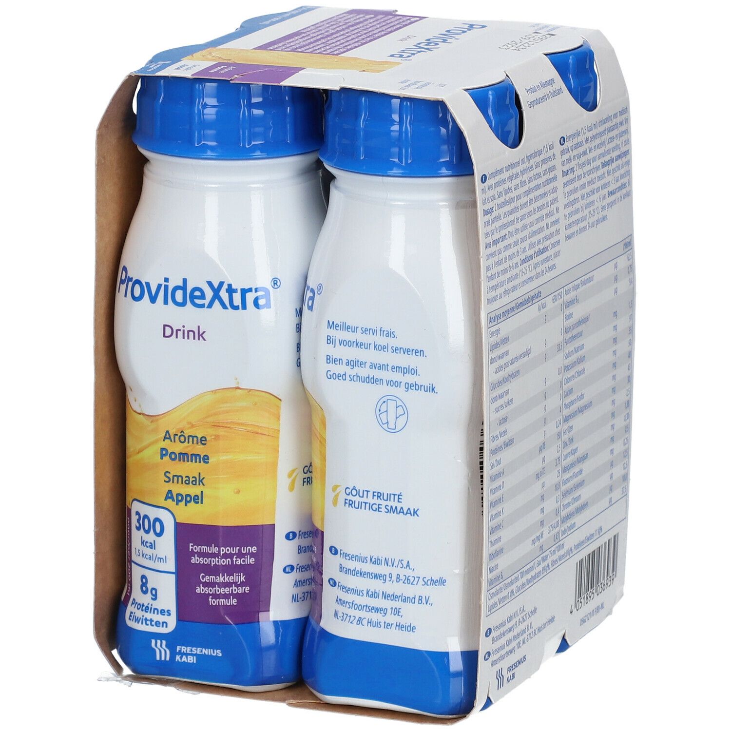 Emballage de quatre bouteilles ProvideXtra Drink. Inscription : Arôme Pomme, Smaak Appel. Formule pour une absorption facile. Convient à la nutrition préopératoire.