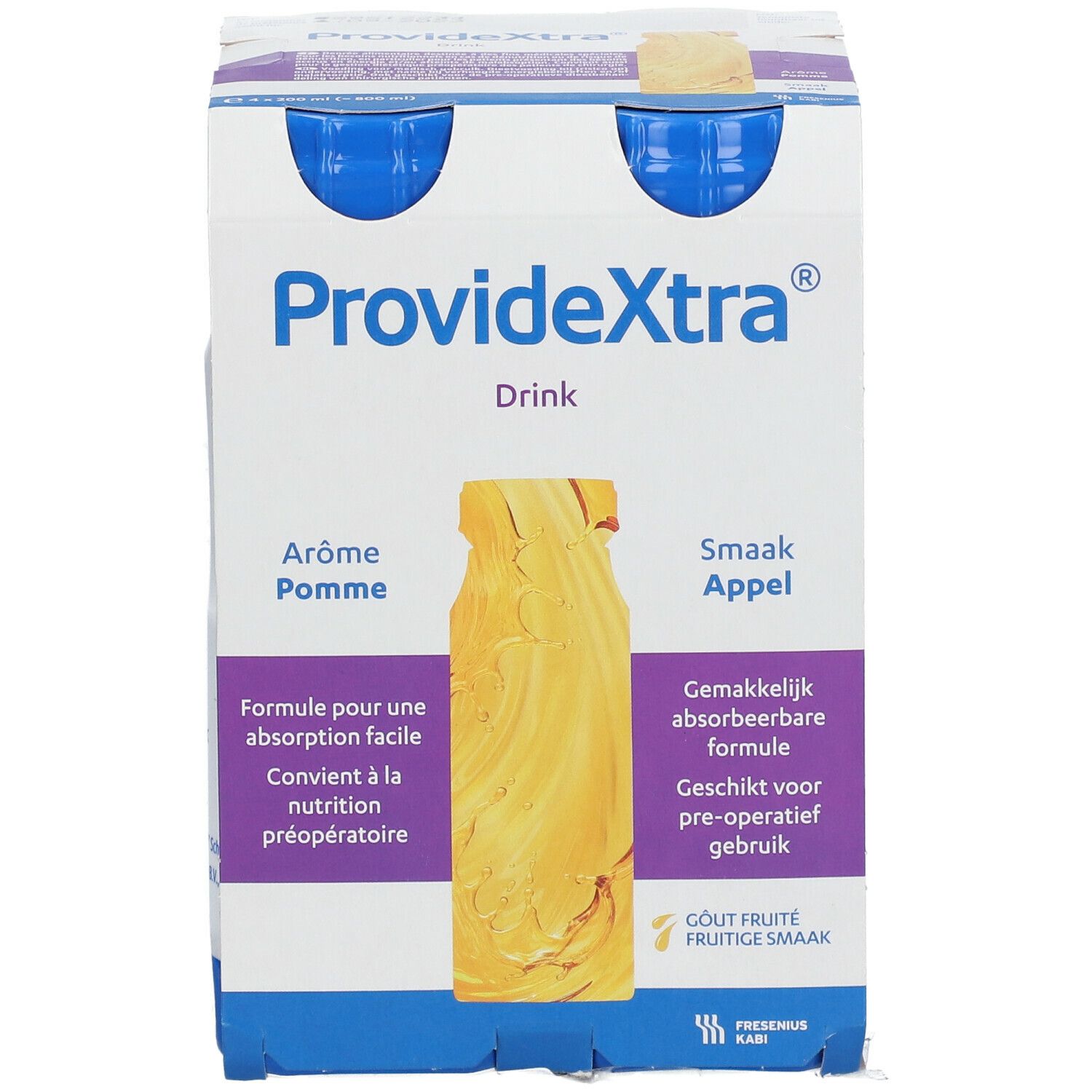 Emballage de deux bouteilles ProvideXtra Drink. Inscription : Arôme Pomme, Smaak Appel. Formule pour une absorption facile. Convient à la nutrition préopératoire.