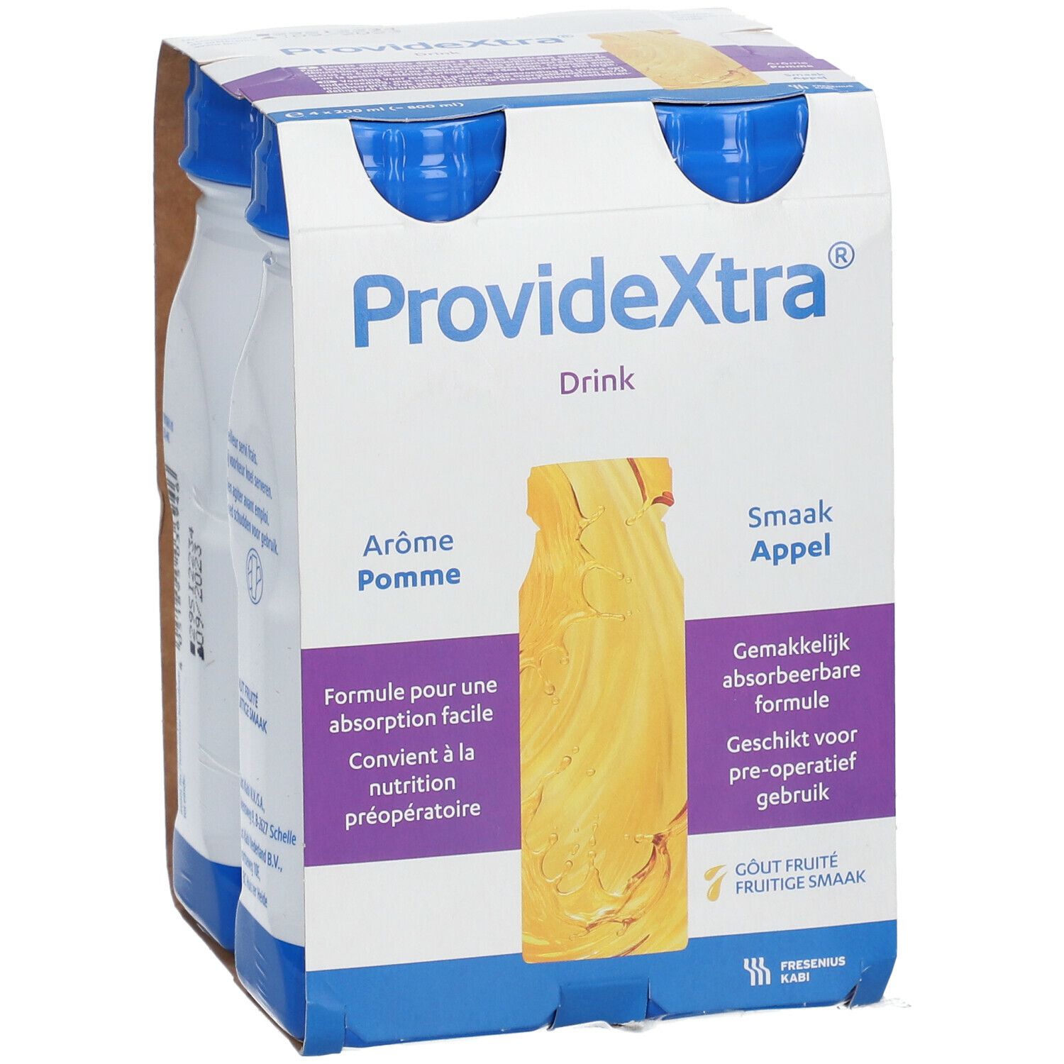 Emballage de quatre bouteilles ProvideXtra Drink. Inscription : Arôme Pomme, Smaak Appel. Formule pour une absorption facile. Convient à la nutrition préopératoire.