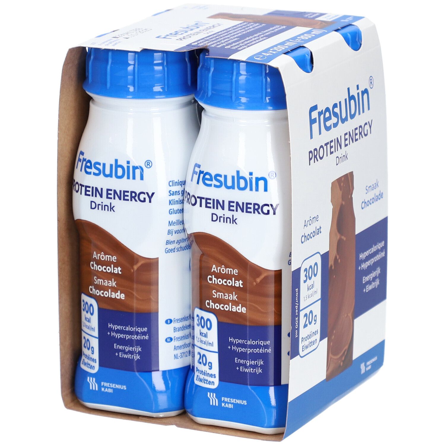 Emballage de deux bouteilles Fresubin Protein Energy Drink Chocolat. Inscriptions: 300 kcal, 20g protéines.