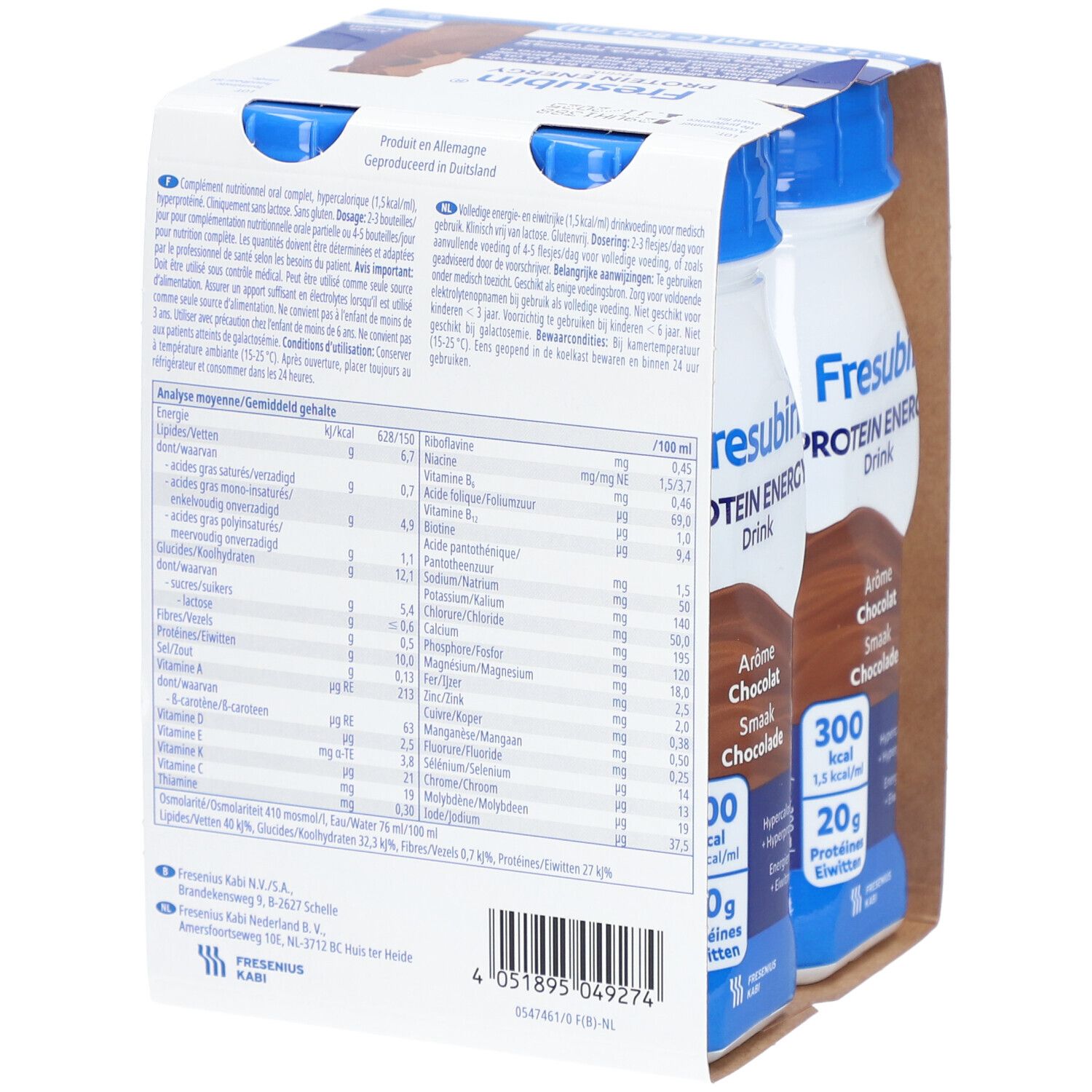 Dos d'un emballage Fresubin Protein Energy Drink Chocolat. Contient informations nutritionnelles et fabricant.