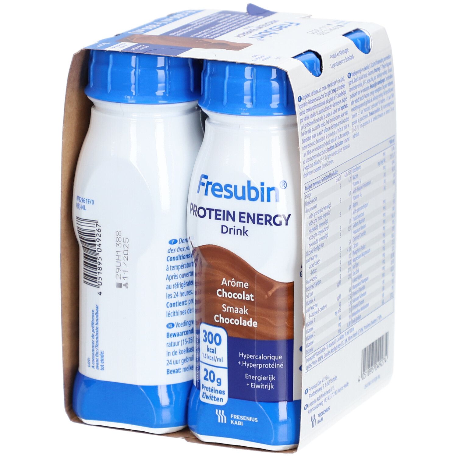 Emballage de deux bouteilles Fresubin Protein Energy Drink Chocolat. Inscriptions: 300 kcal, 20g protéines.