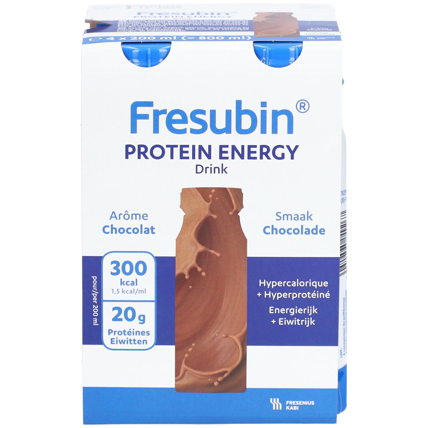 Emballage individuel Fresubin Protein Energy Drink Chocolat. Inscriptions: 300 kcal, 20g protéines.