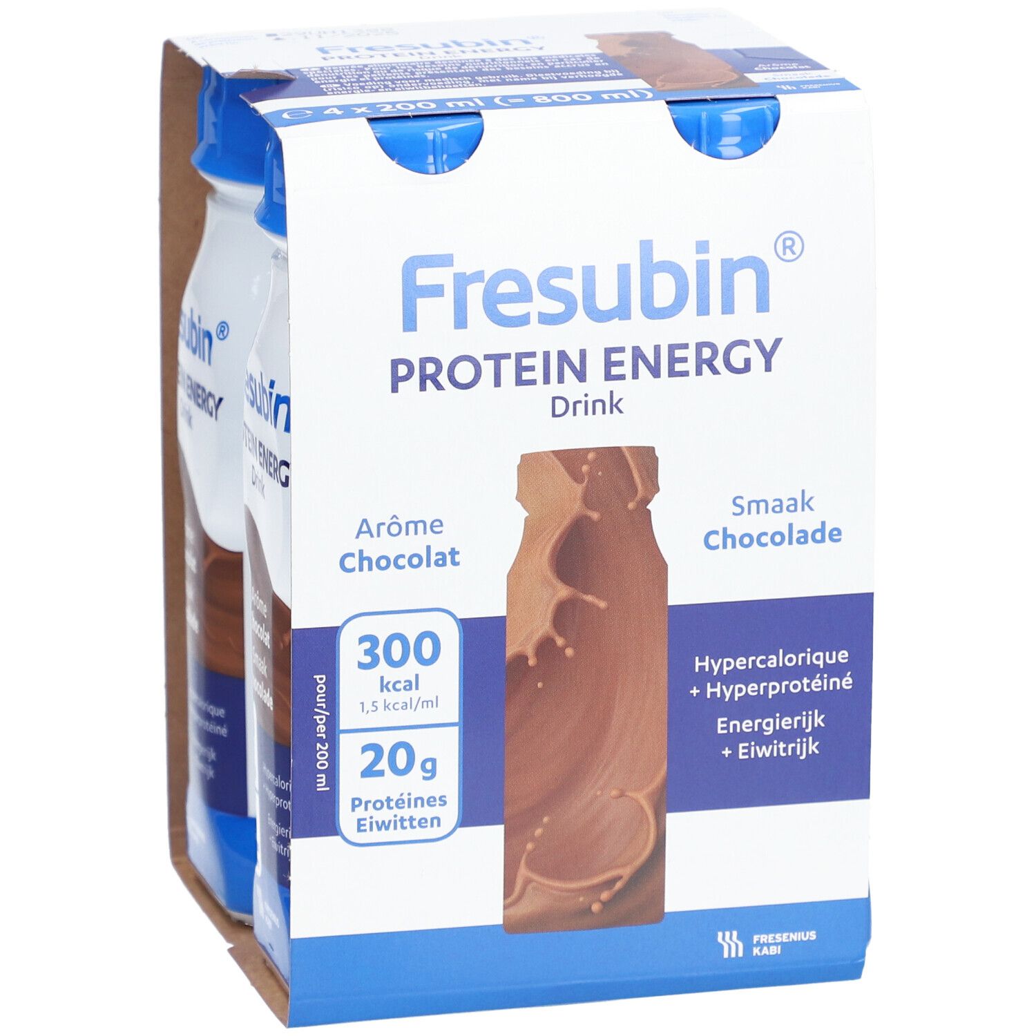 Emballage de quatre bouteilles Fresubin Protein Energy Drink Chocolat. Inscriptions: 300 kcal, 20g protéines.