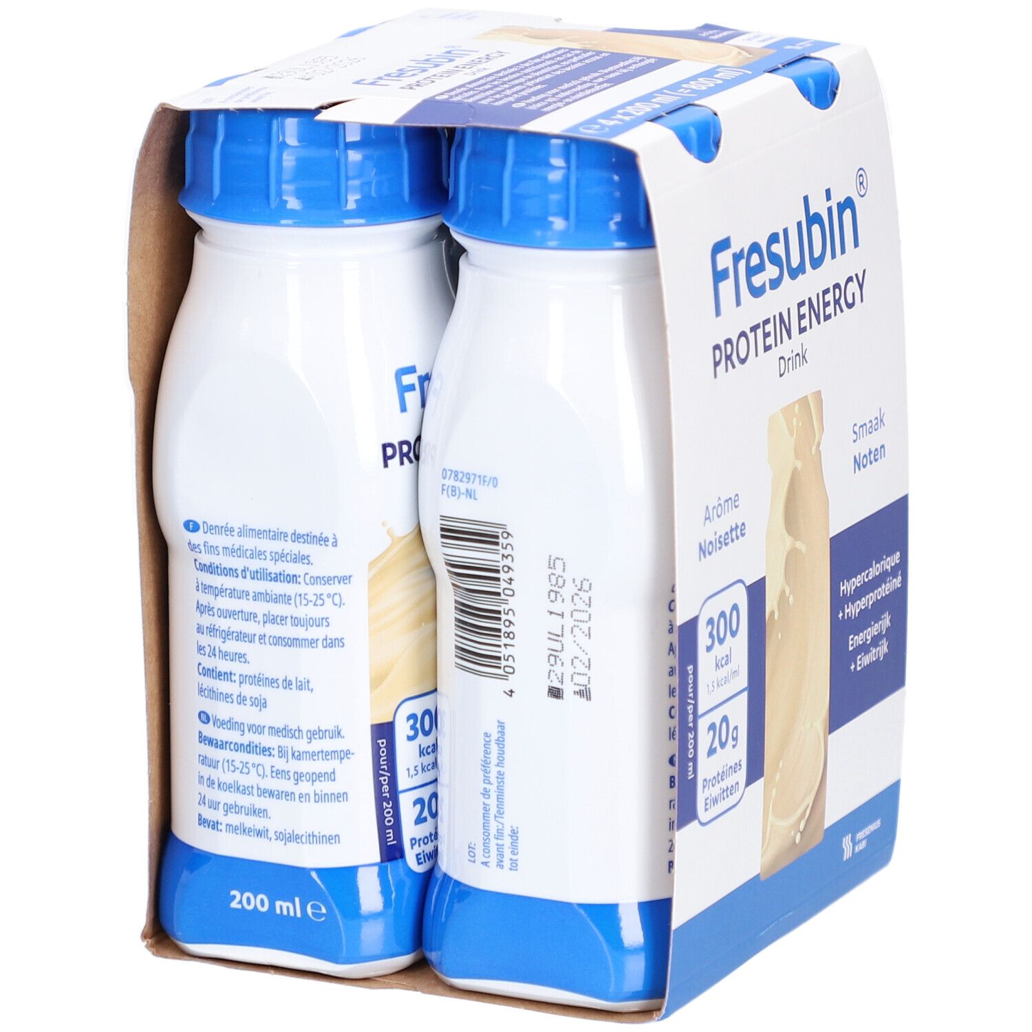 Verpakking met twee flessen Fresubin Protein Energy Drink Noisettes. Achterkant met info en houdbaarheidsdatum.