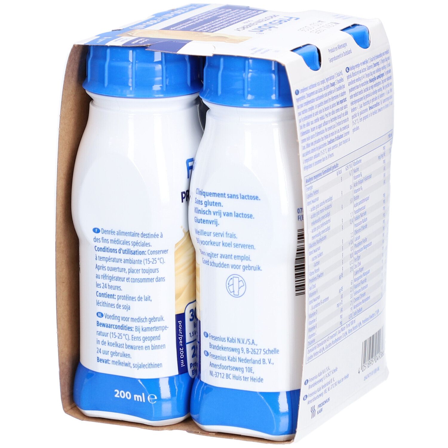 Verpakking met twee flessen Fresubin Protein Energy Drink Noisettes. Achterkant met productinfo en fabrikantgegevens.