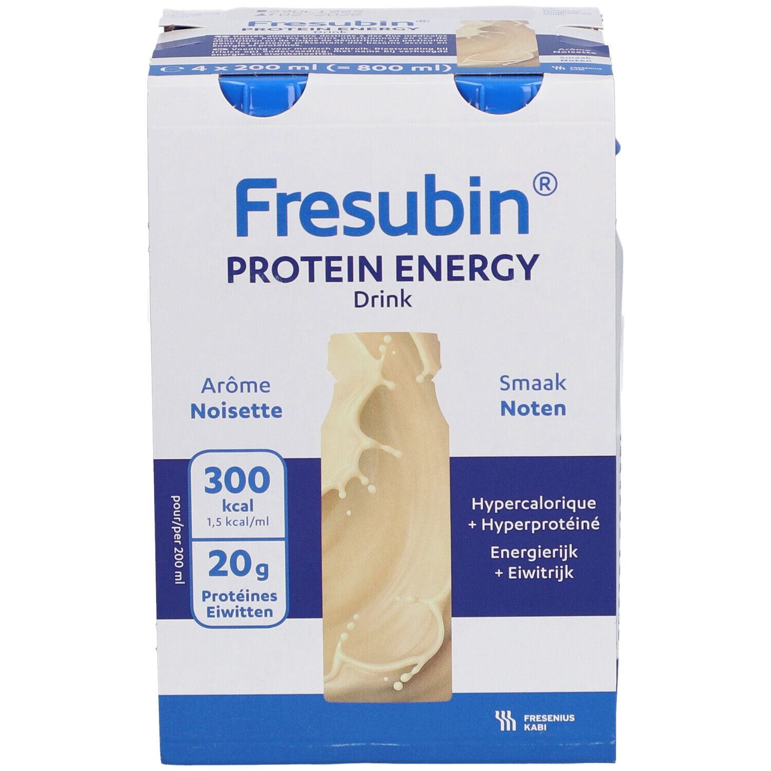 Verpakking met vier flessen Fresubin Protein Energy Drink Noisettes. Productinfo op de voorkant.
