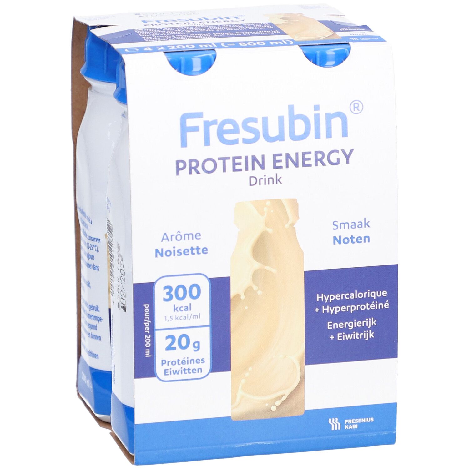 Verpakking met twee flessen Fresubin Protein Energy Drink Noisettes. Productinfo op de voorkant.