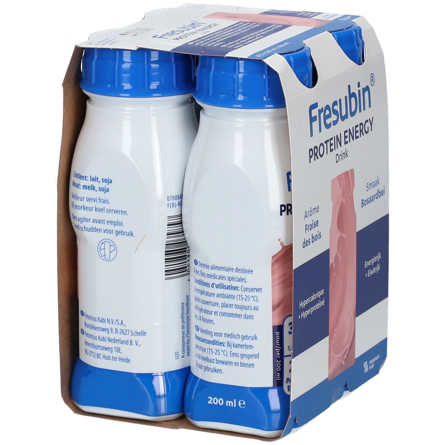 Emballage de quatre bouteilles de Fresubin Protein Energy Drink Fraise Bois. Arrière de l'emballage avec texte et informations nutritionnelles.