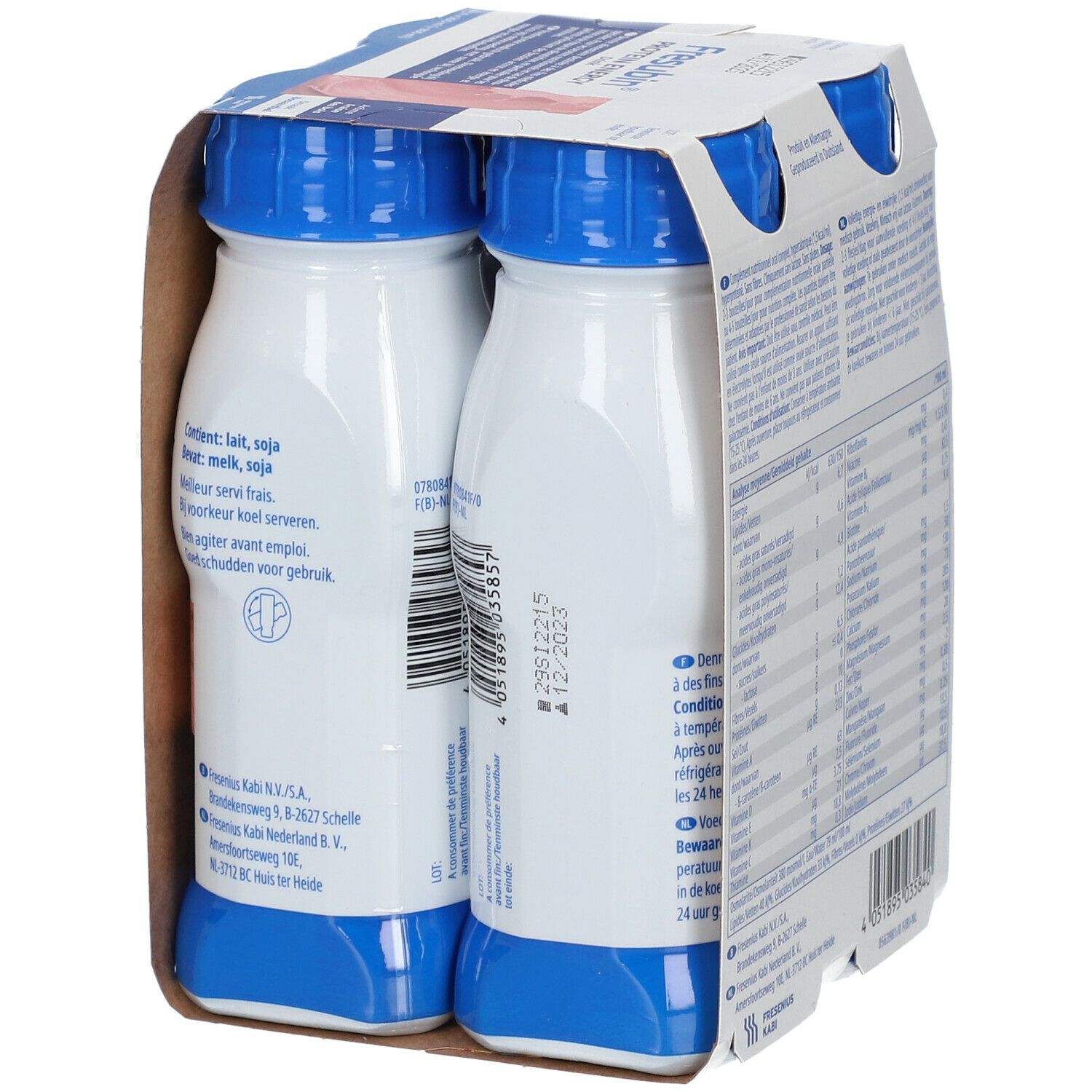 Emballage de quatre bouteilles de Fresubin Protein Energy Drink Fraise Bois. Arrière de l'emballage avec texte et date de péremption.