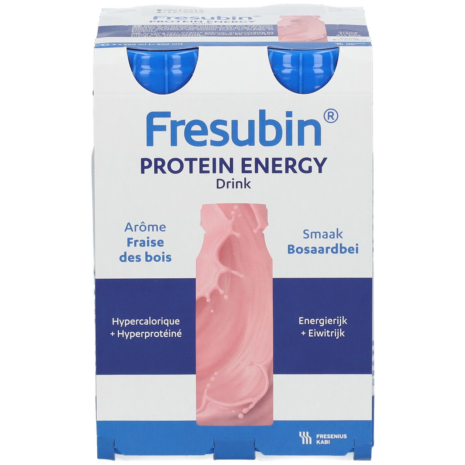Face avant de l'emballage de Fresubin Protein Energy Drink Fraise Bois. Illustration du produit et texte.