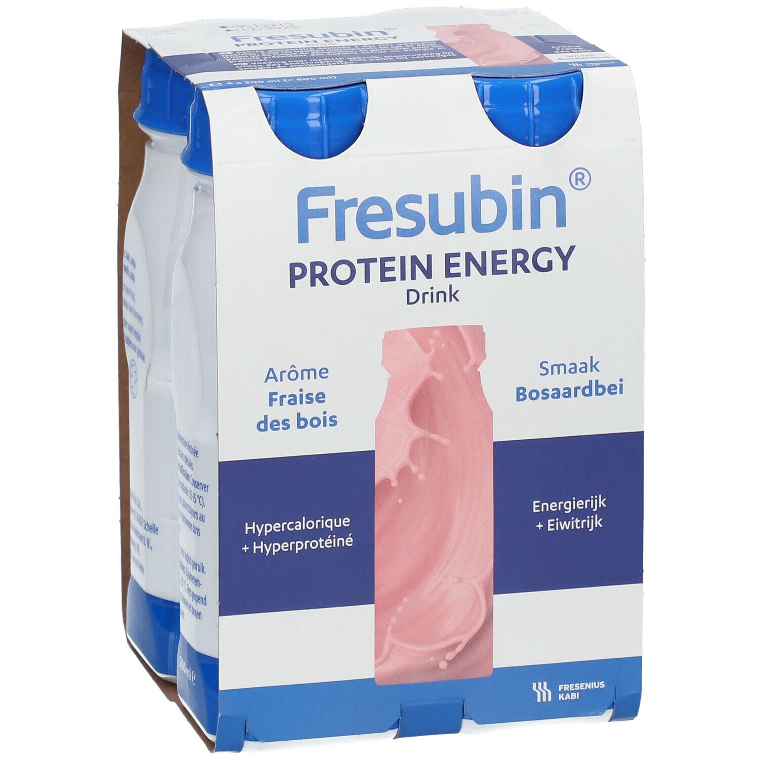 Emballage de quatre bouteilles de Fresubin Protein Energy Drink Fraise Bois. Face avant avec illustration et texte.