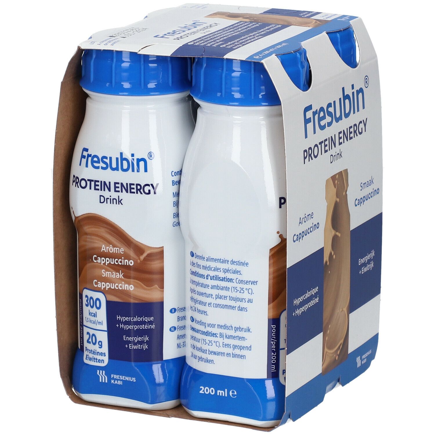 Emballage de 4 bouteilles Fresubin Protein Energy Drink Cappuccino. Impressions, 200 ml. Bouchons bleus, bouteilles blanches.