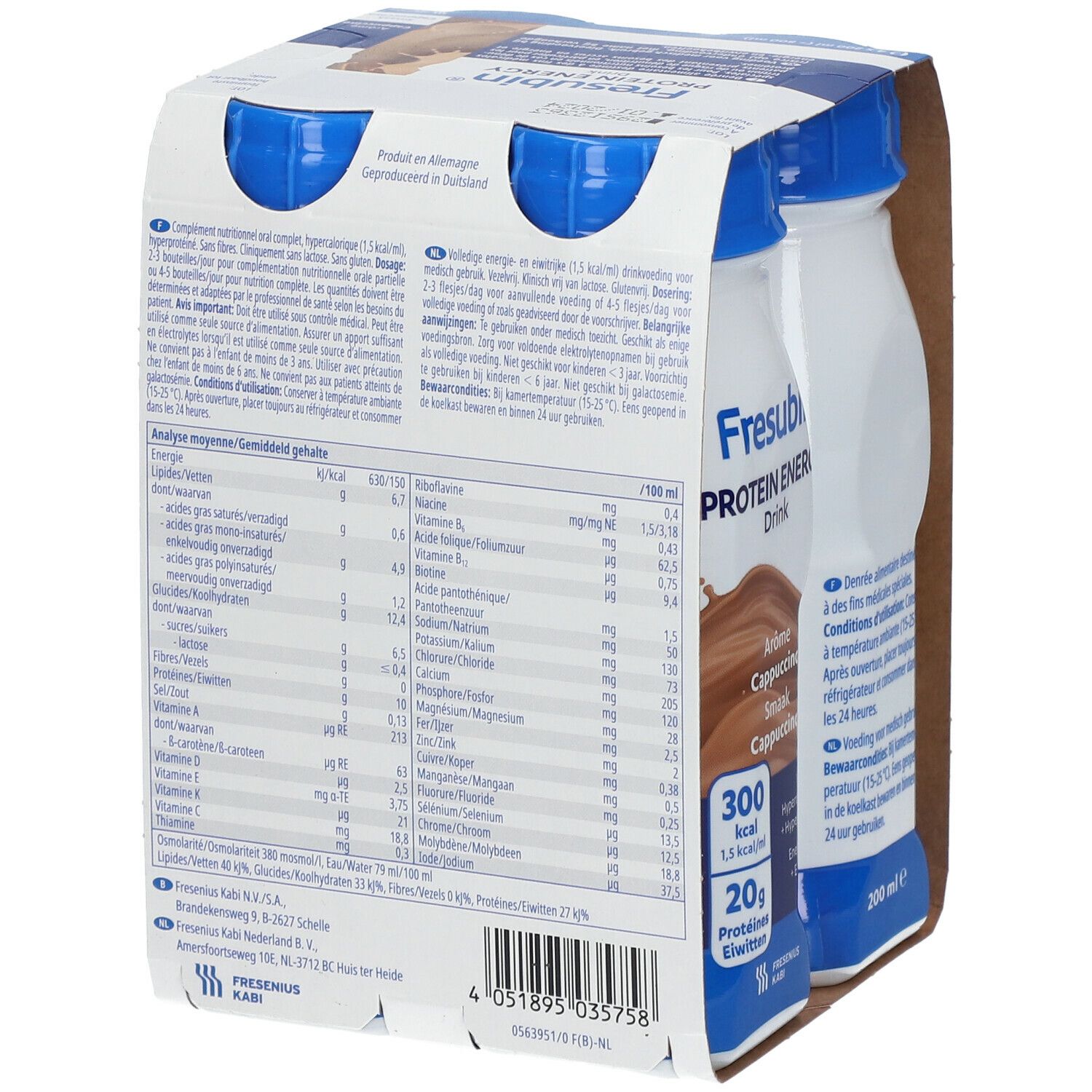 Dos de l'emballage avec informations nutritionnelles et ingrédients. Fresubin Protein Energy Drink Cappuccino.