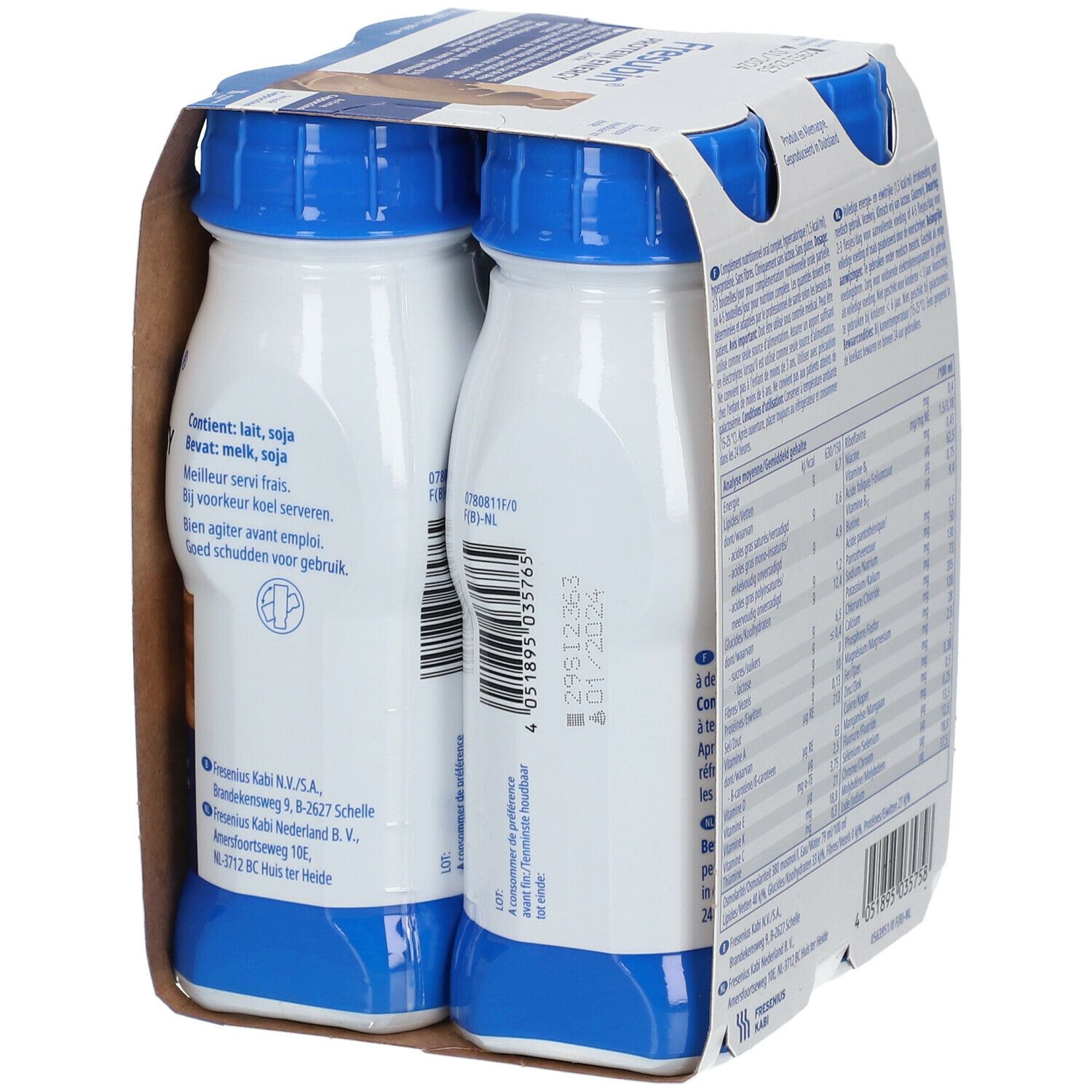 Emballage de 4 bouteilles Fresubin Protein Energy Drink Cappuccino. Dos avec texte et date de péremption.