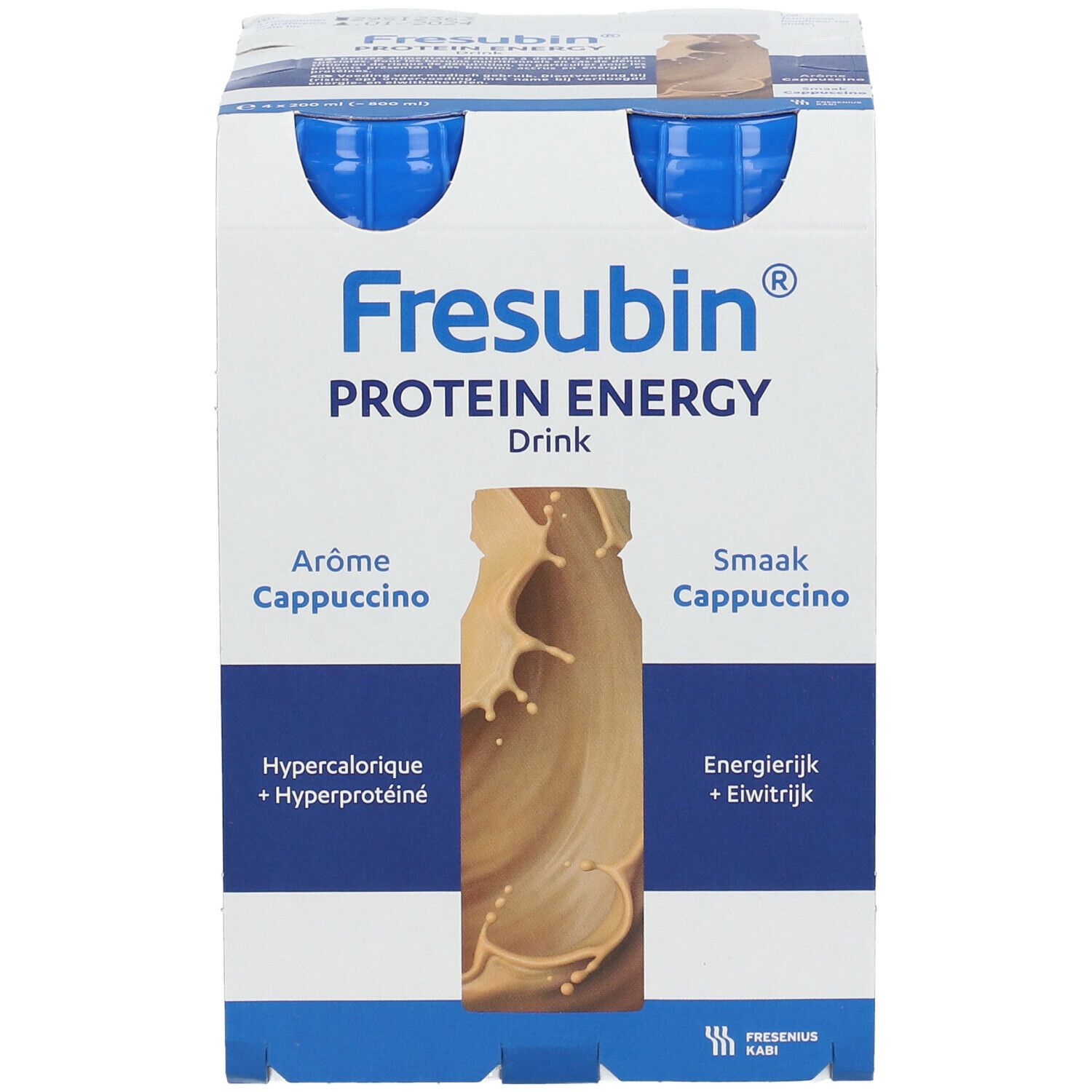 Emballage de 4 bouteilles Fresubin Protein Energy Drink Cappuccino. Image du produit et noms.