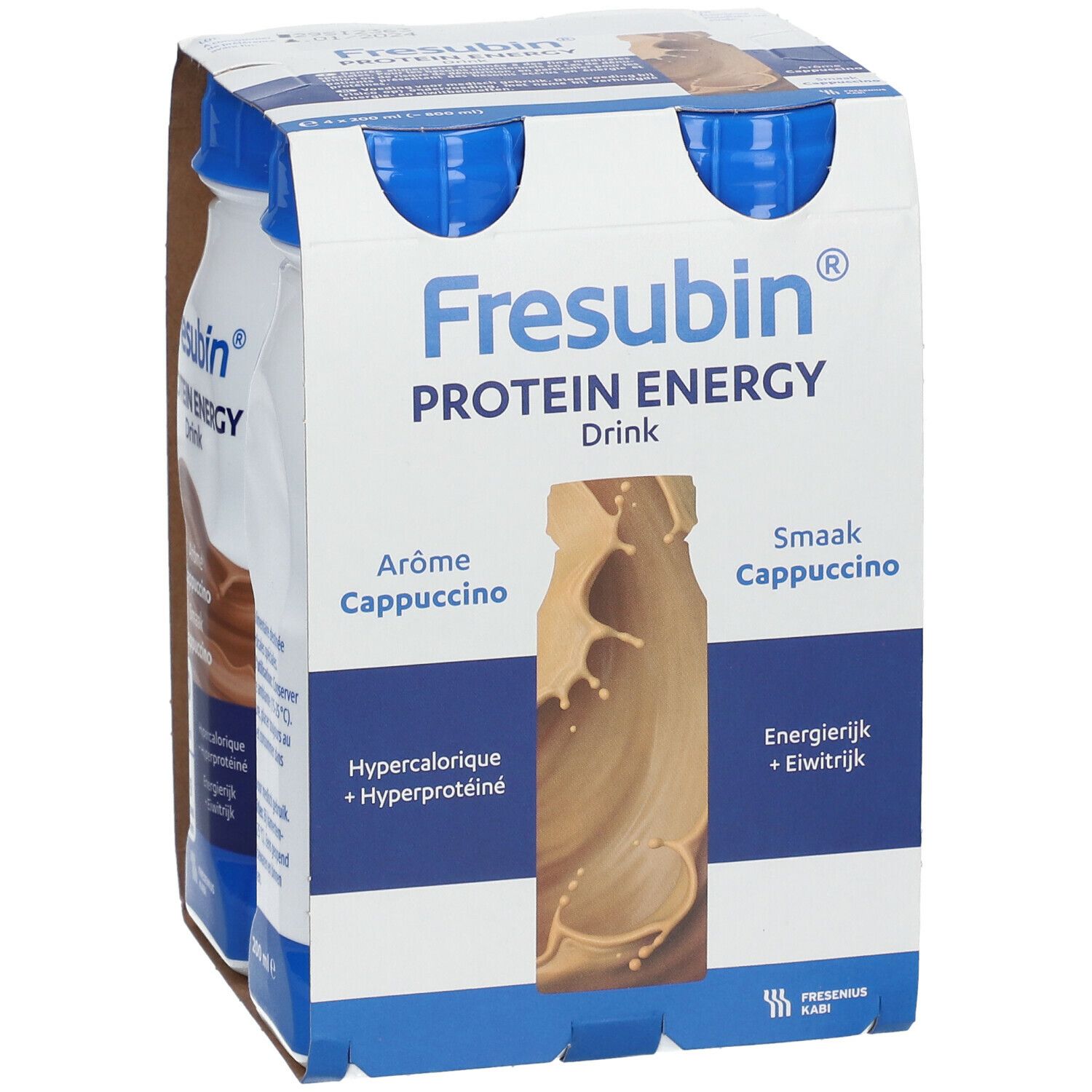 Emballage de 4 bouteilles Fresubin Protein Energy Drink Cappuccino. Image du produit et noms.